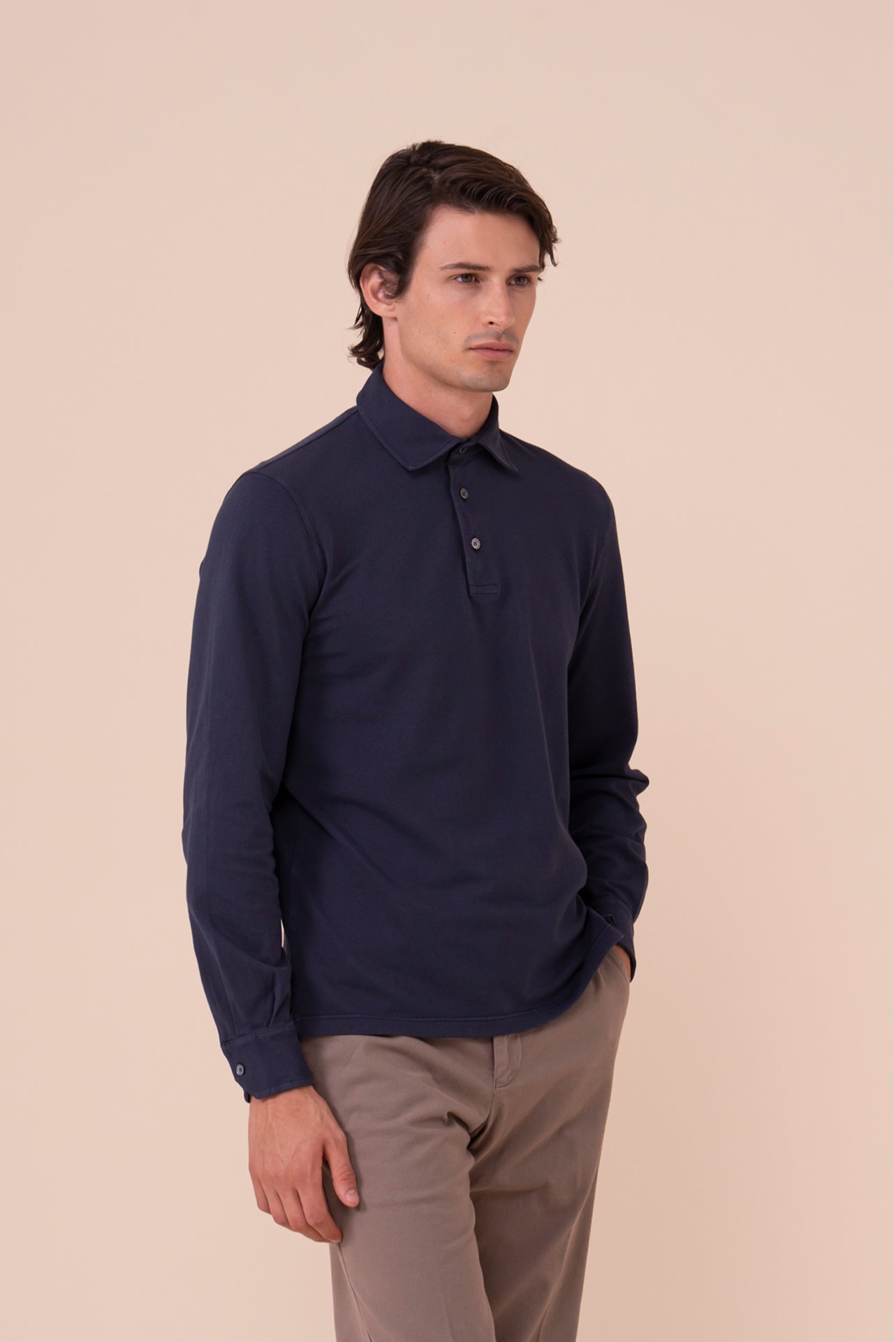 North polo a maniche lunghe in piquet di cotone nei colori iconici - MIDNIGHTBLUE