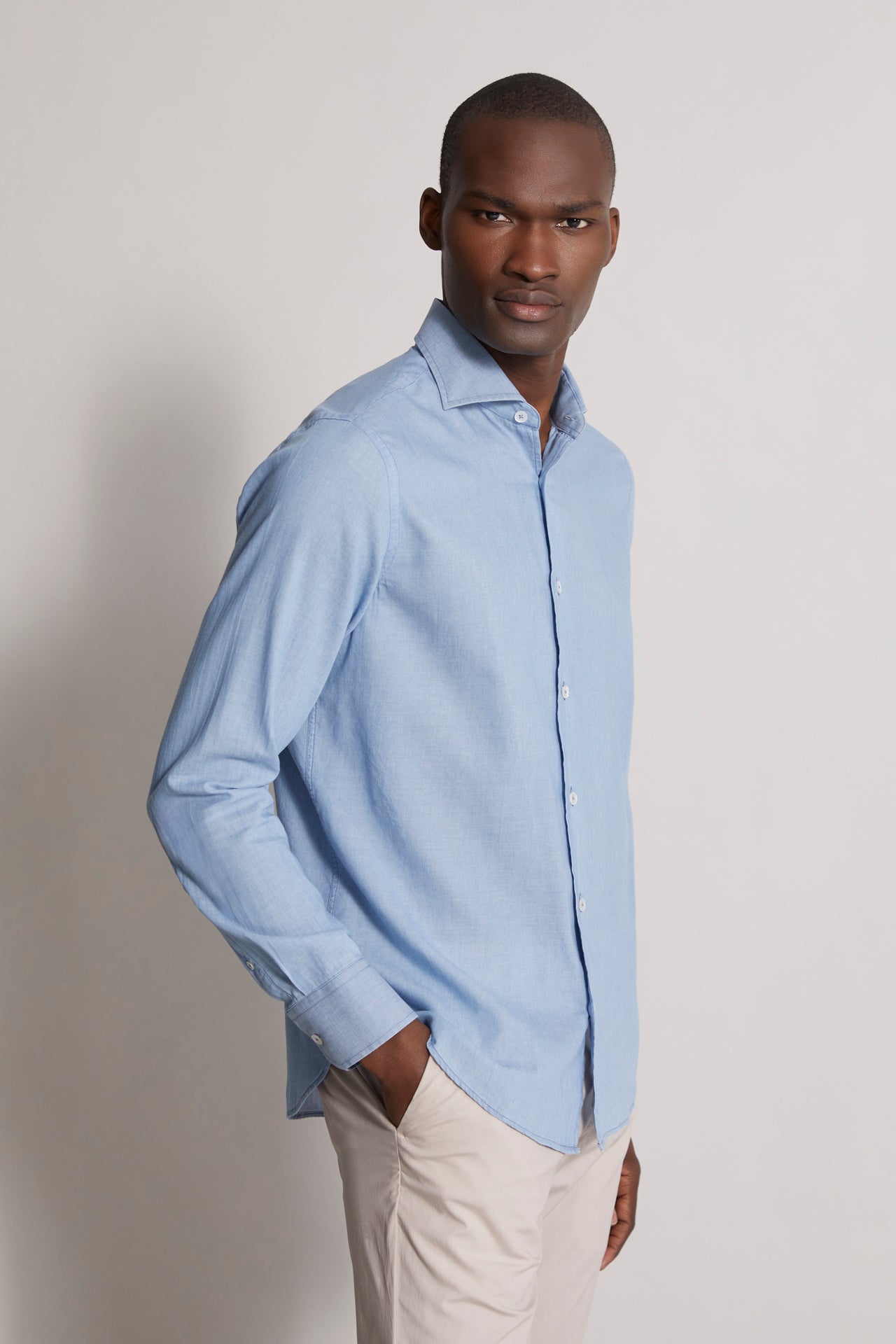 men's designer denim shirt with long sleeves in steel blue - side view