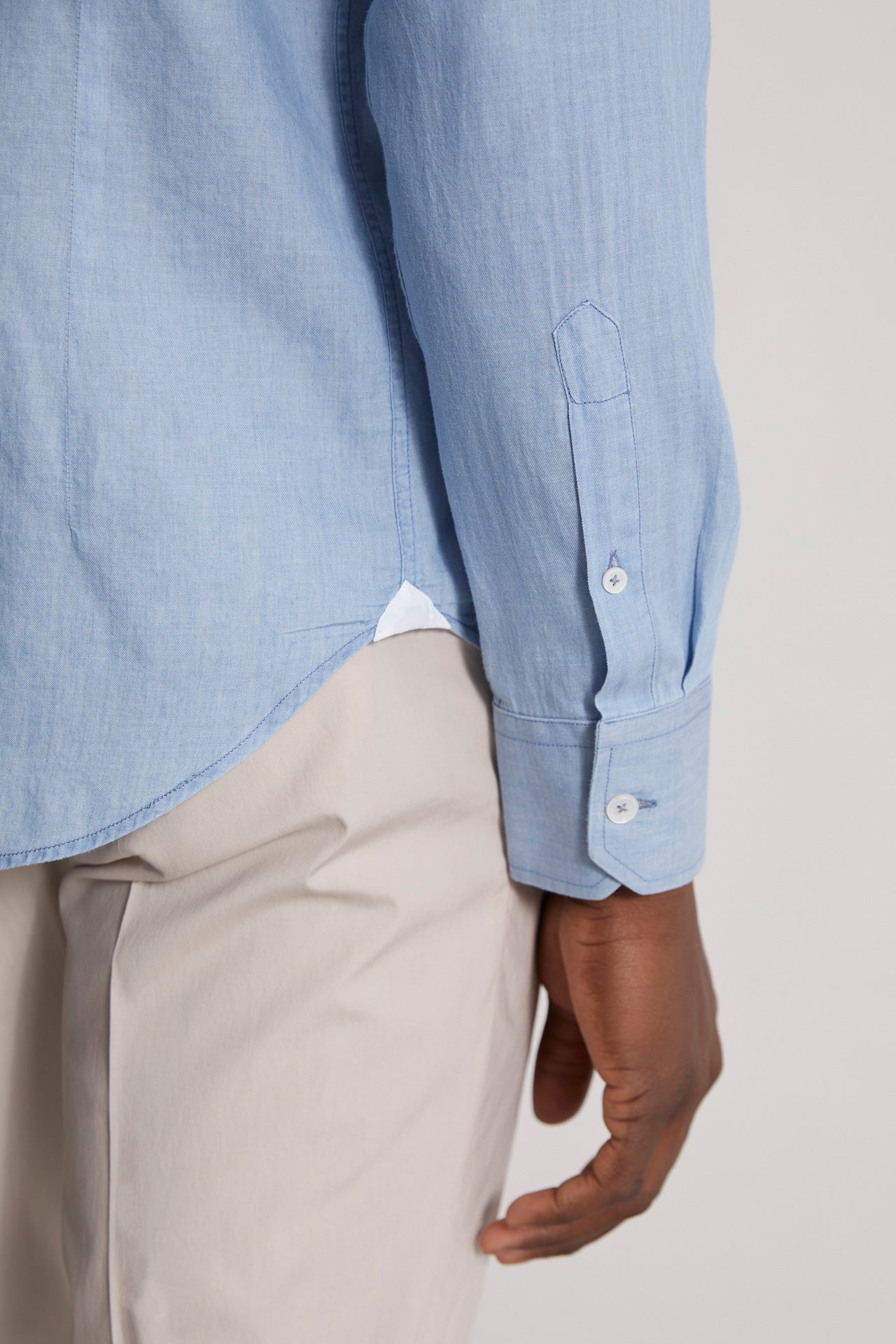 men's designer denim shirt with long sleeves in steel blue - detail