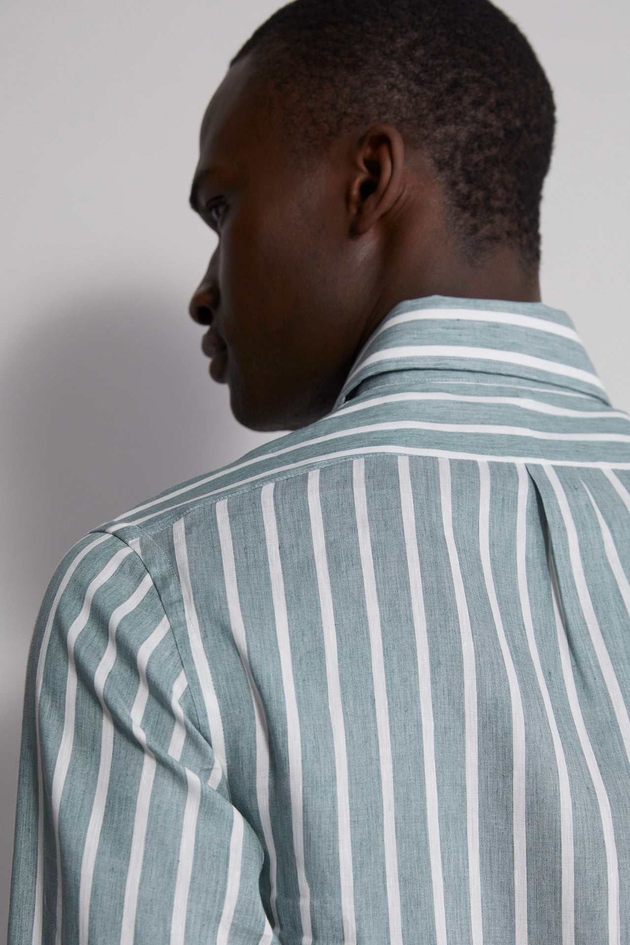 Designer Men's Striped Linen Shirt - White & Green - Back view