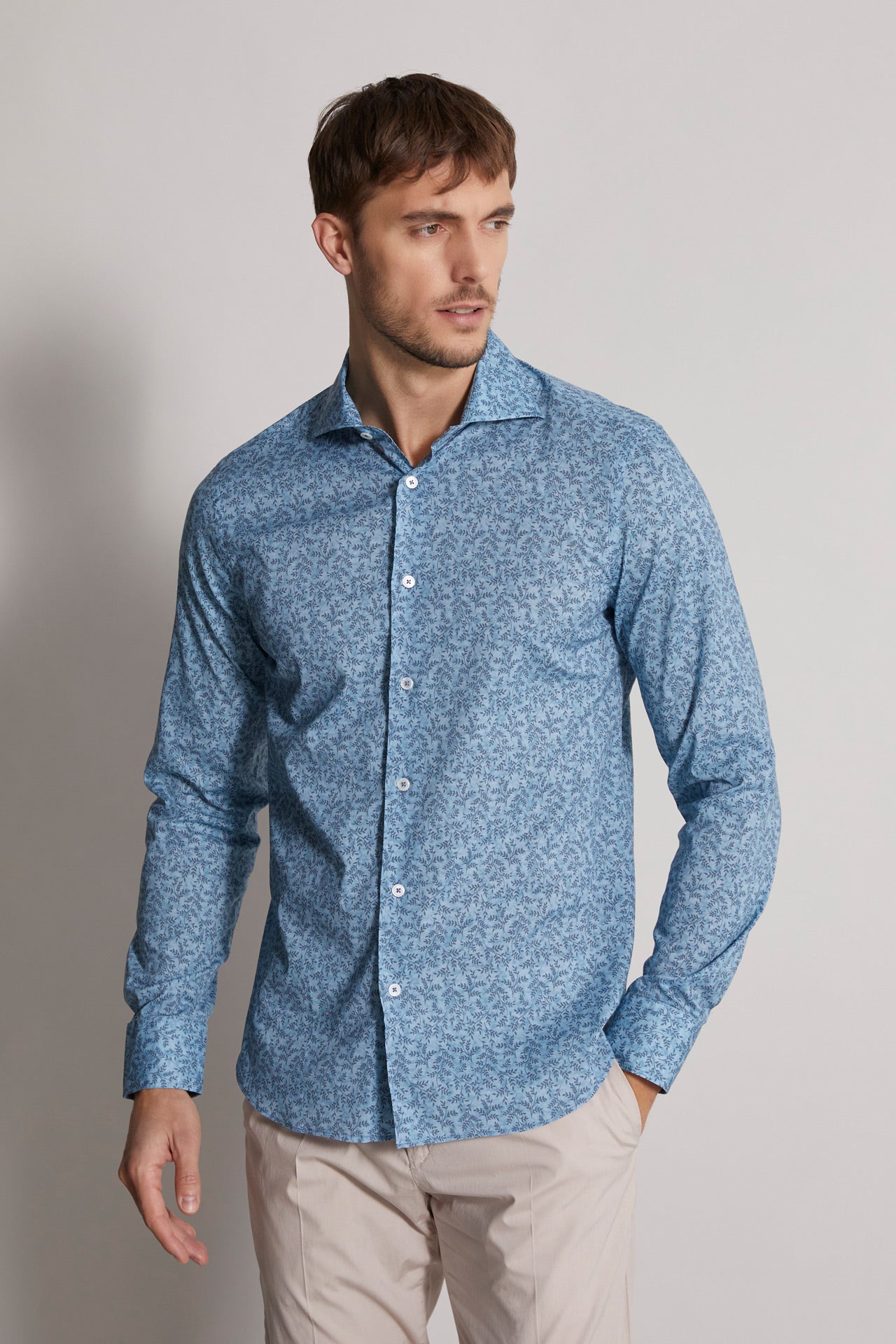 Men's Designer Cotton Voile Shirt - Feuille Pattern - Blue - front