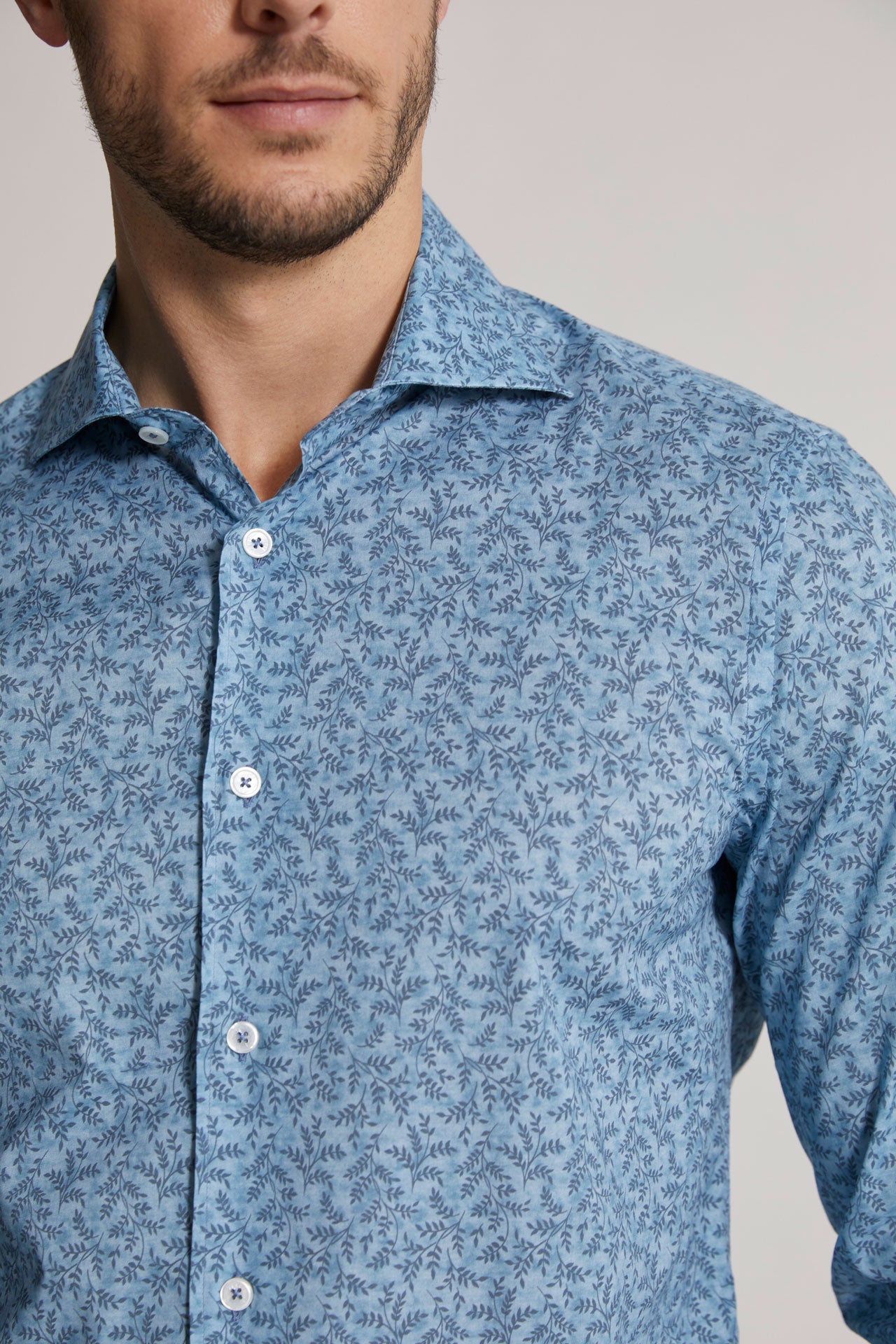 Men's Designer Cotton Voile Shirt - Feuille Pattern - Blue