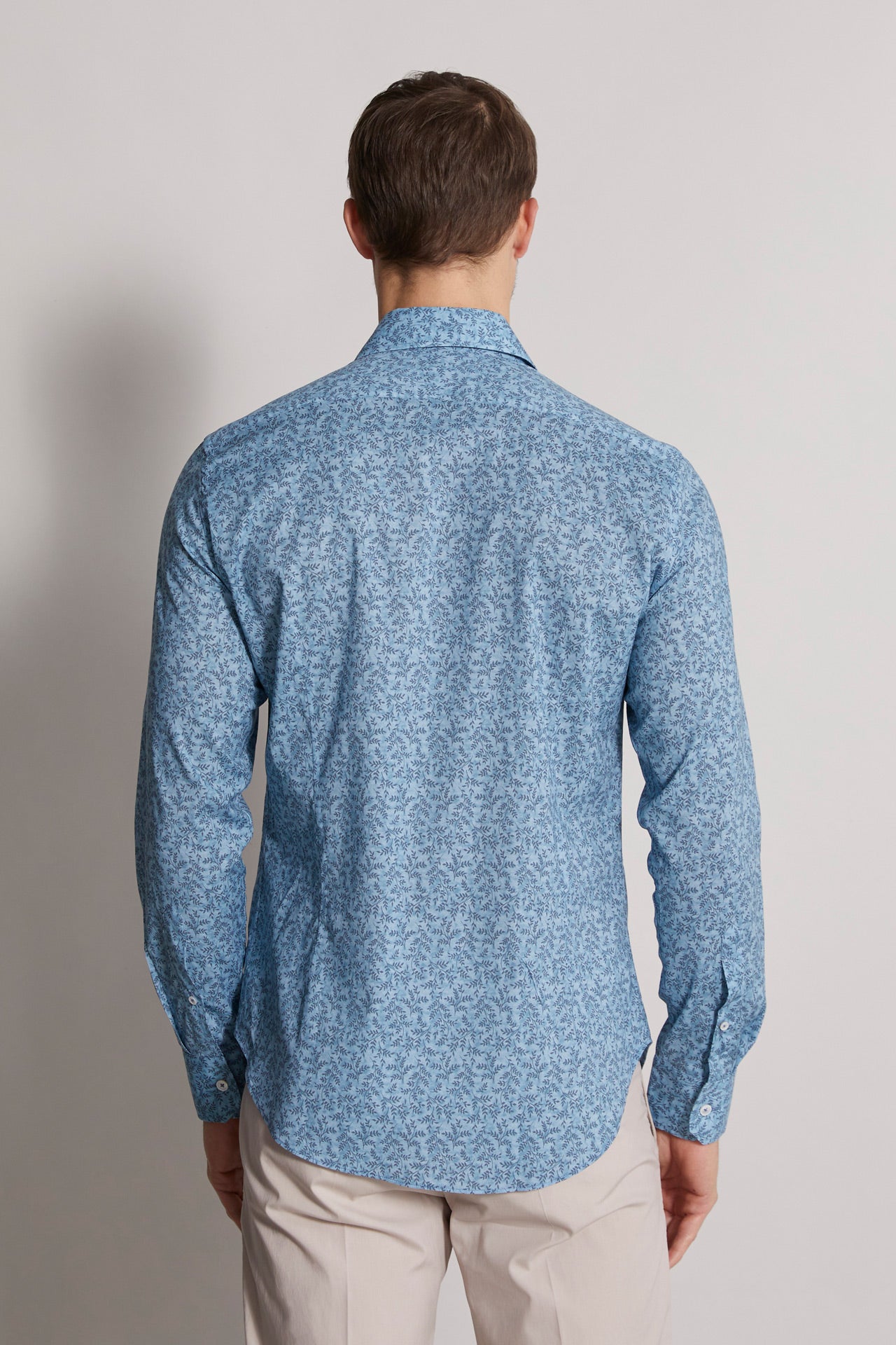 Men's Designer Cotton Voile Shirt - Feuille Pattern - Blue - Back 