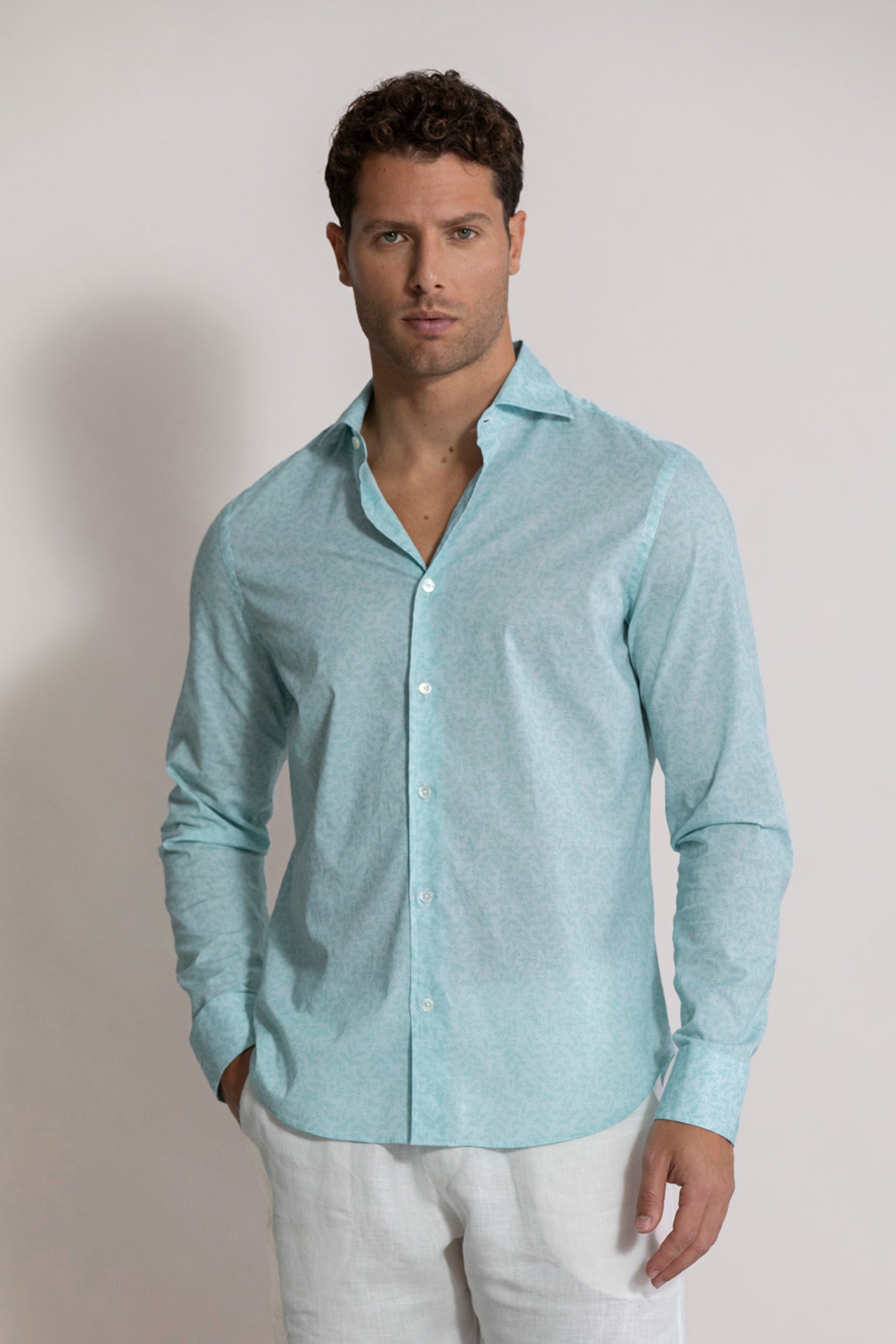 Men's Designer Cotton Voile Shirt - Feuille Pattern - Sea Green - Front 