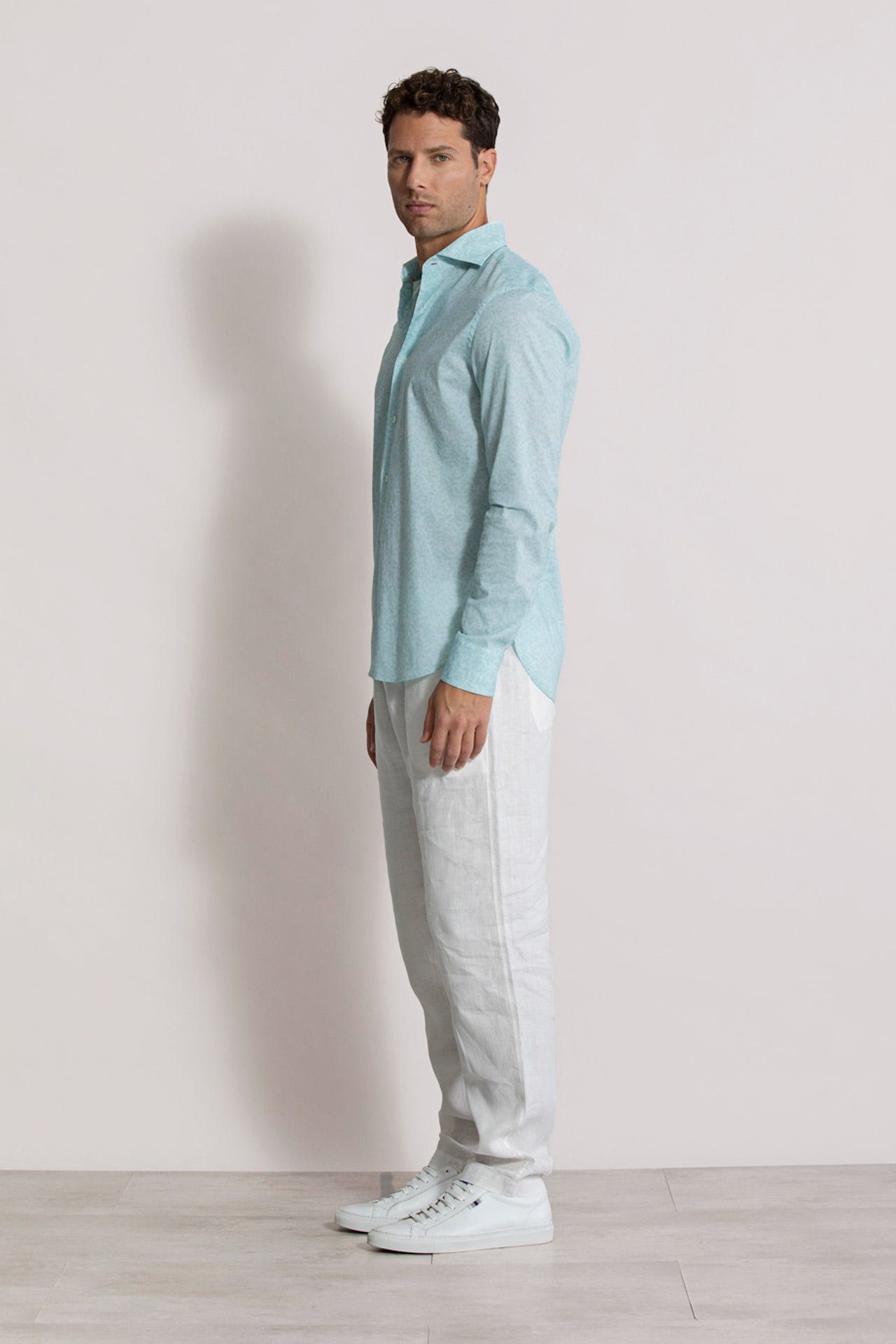 Men's Designer Cotton Voile Shirt - Feuille Pattern - Sea Green - Side 