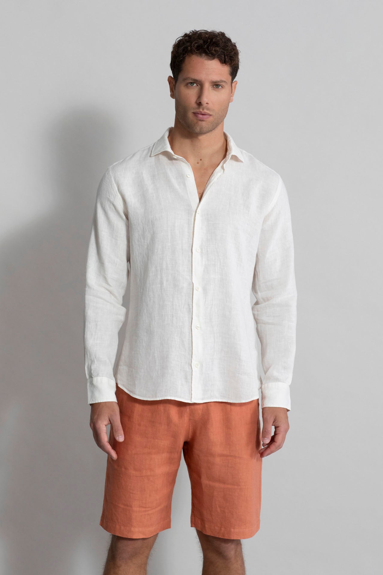 Men's Linen Shirts with Long Sleeve - White - Front view