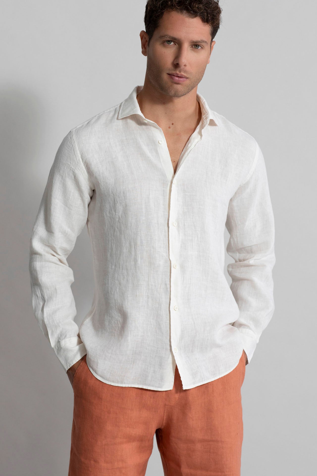 Men's Linen Shirts with Long Sleeve - White - Front view