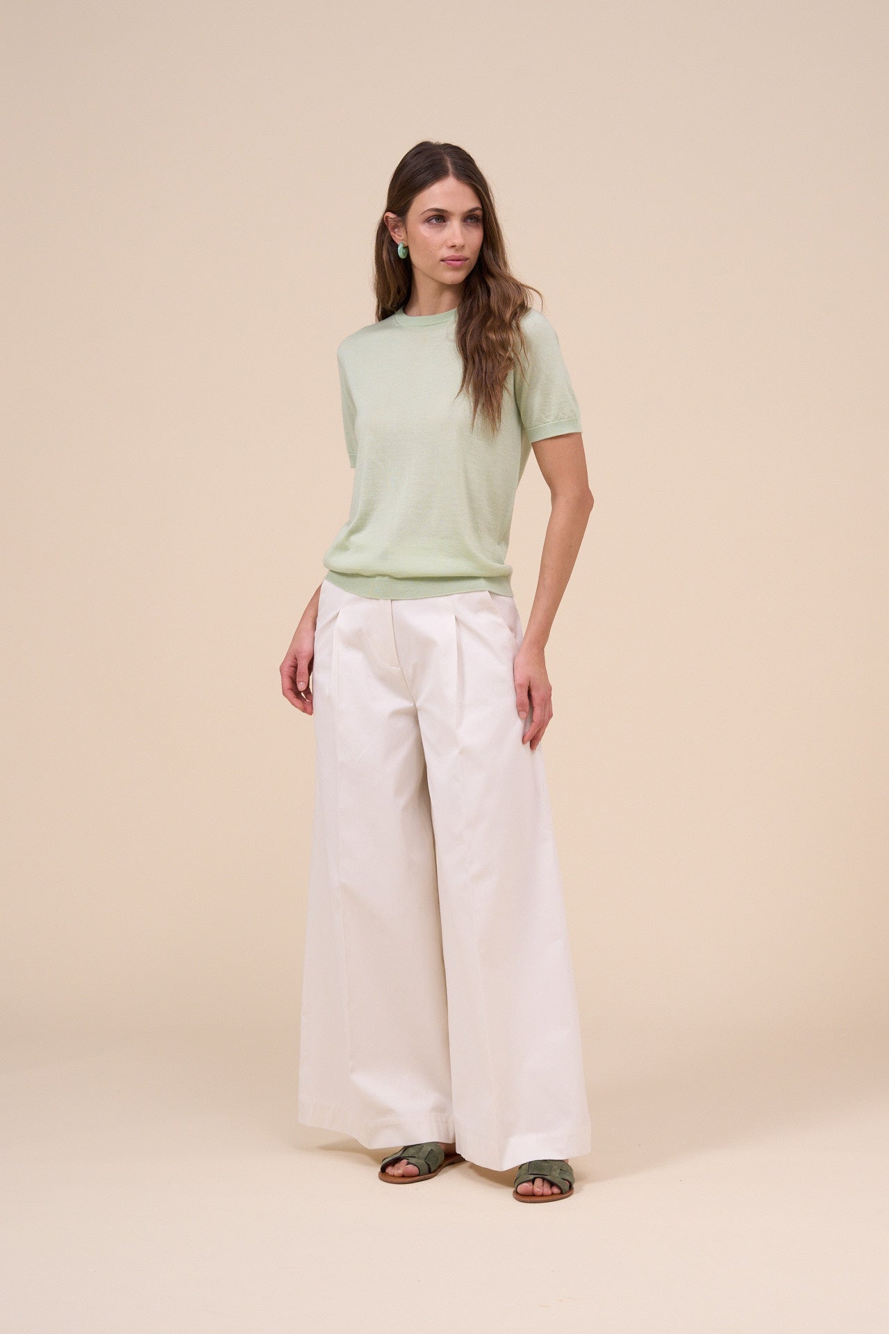 Argentina Pearly Cashmere Silk Short Sleeve Crewneck - SAND