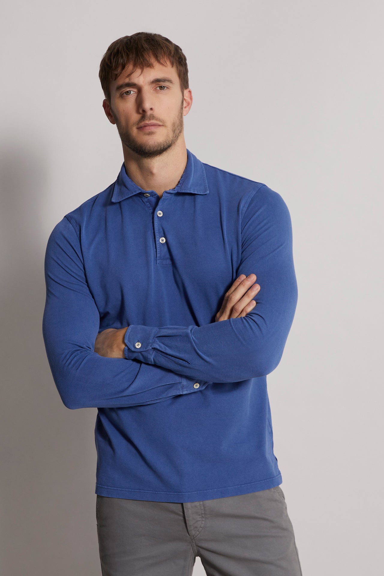 long sleeved cotton polo in blue