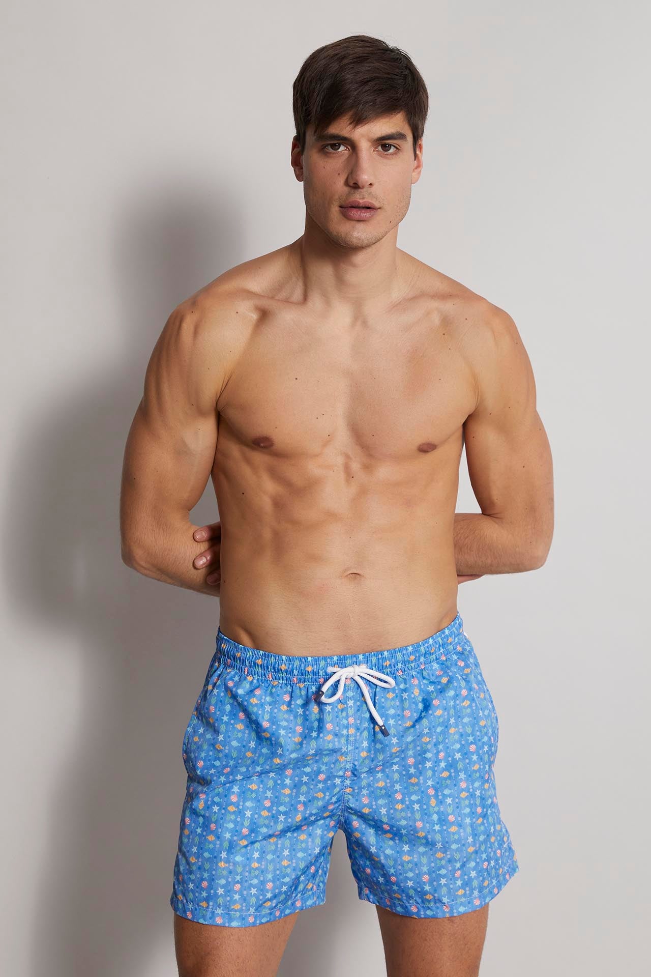 sustainable designer swim trunks madeira - blue shells pattern