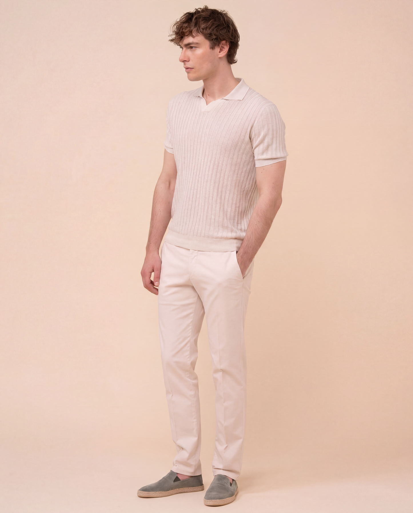 Soul Cotton and Linen Ribbed V-Neck Polo - OLIVEGREENMELANGE