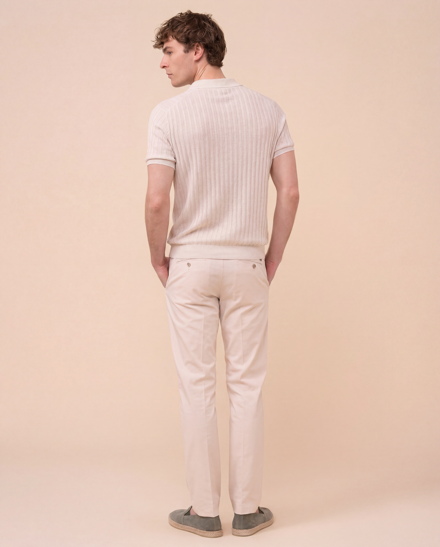 Soul Cotton and Linen Ribbed V-Neck Polo - OLIVEGREENMELANGE