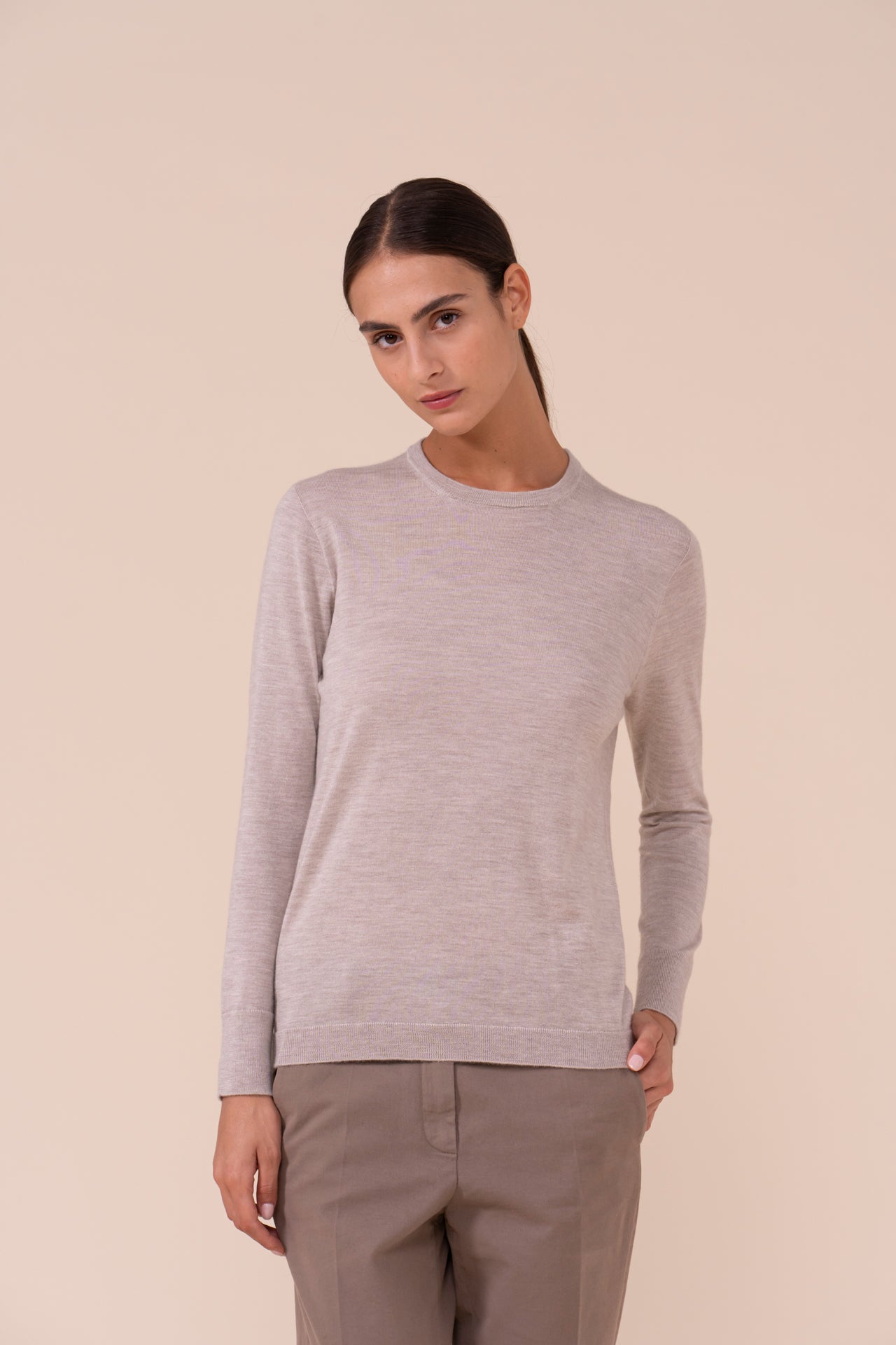 Argentina Pearly Cashmere-Silk Crewneck - ALMOND