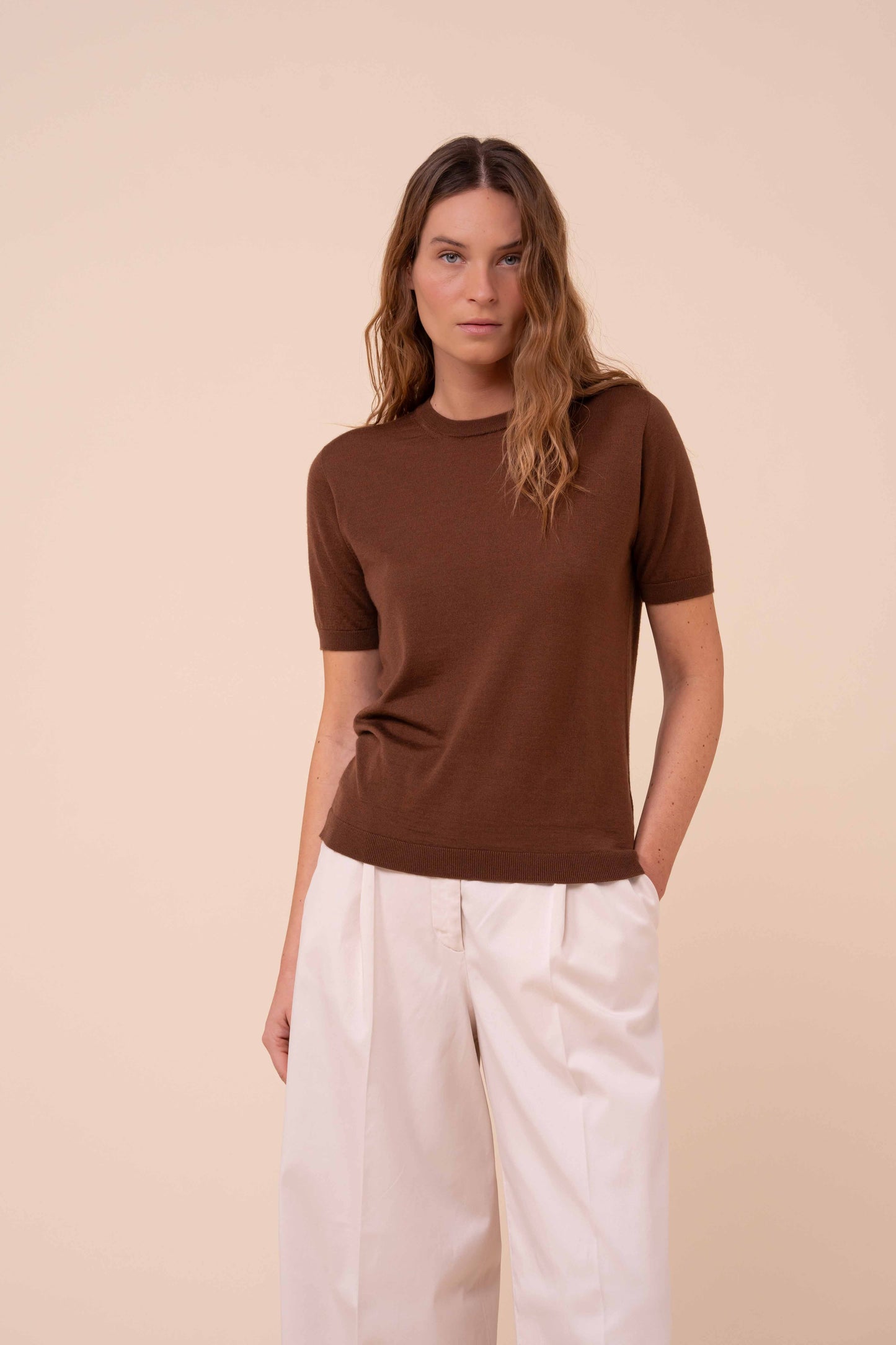 Argentina Pearly Cashmere-Silk Short Sleeve Crewneck - SIENNA