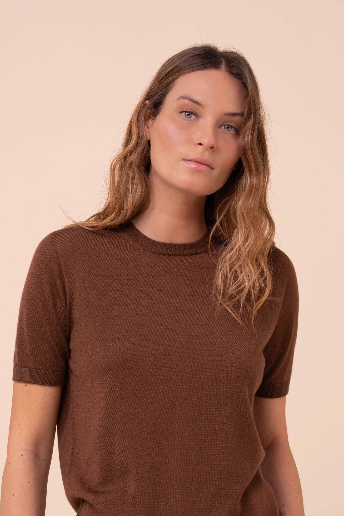 Argentina Pearly Cashmere-Silk Short Sleeve Crewneck - SIENNA