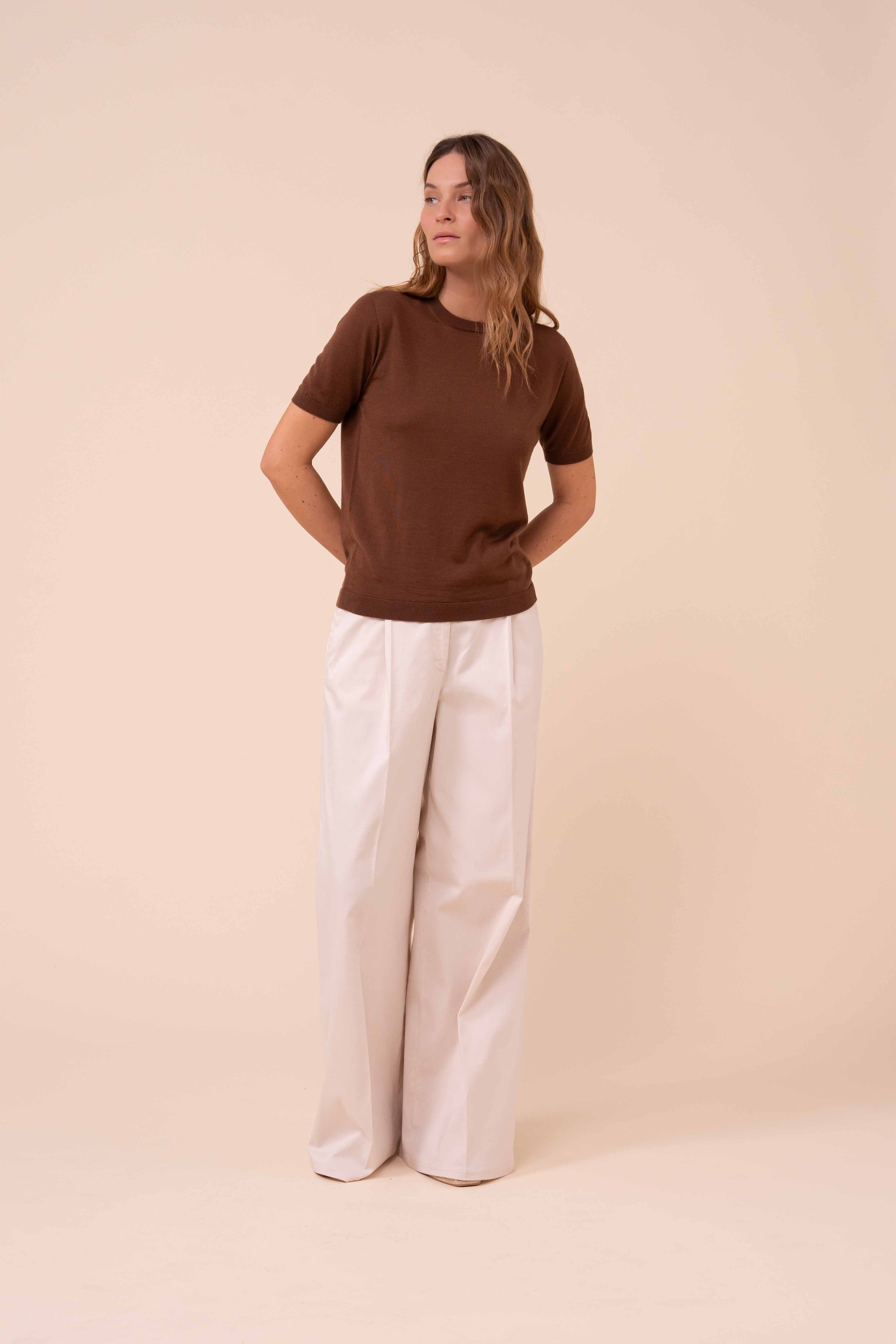 Argentina Pearly Cashmere-Silk Short Sleeve Crewneck - SIENNA