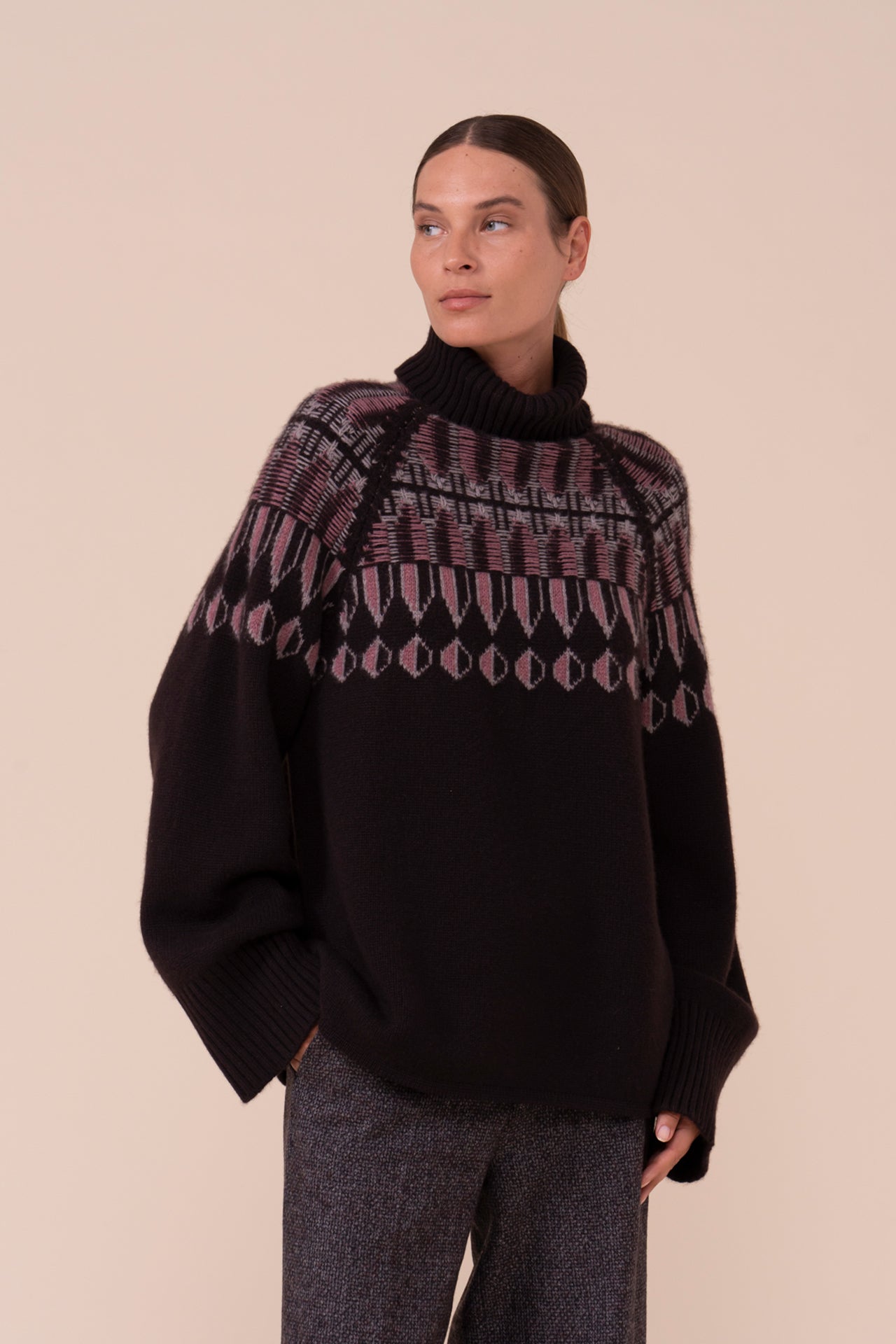 Allume Cashmere Jacquard Turtleneck - DARKCHOCOLATE