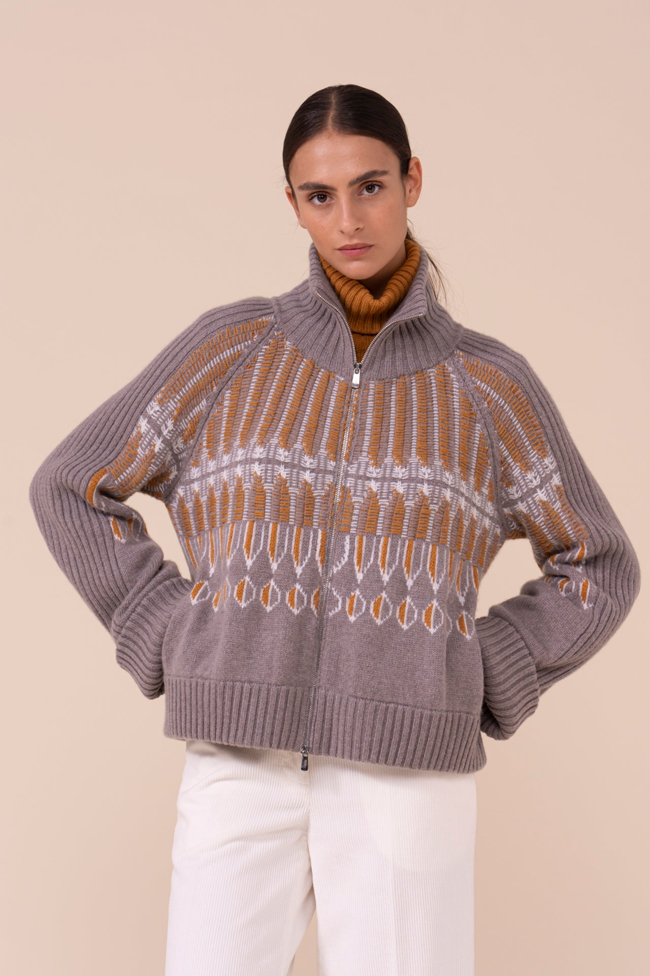 Pirite Cashmere Jacquard Zipped Bomber - MUD