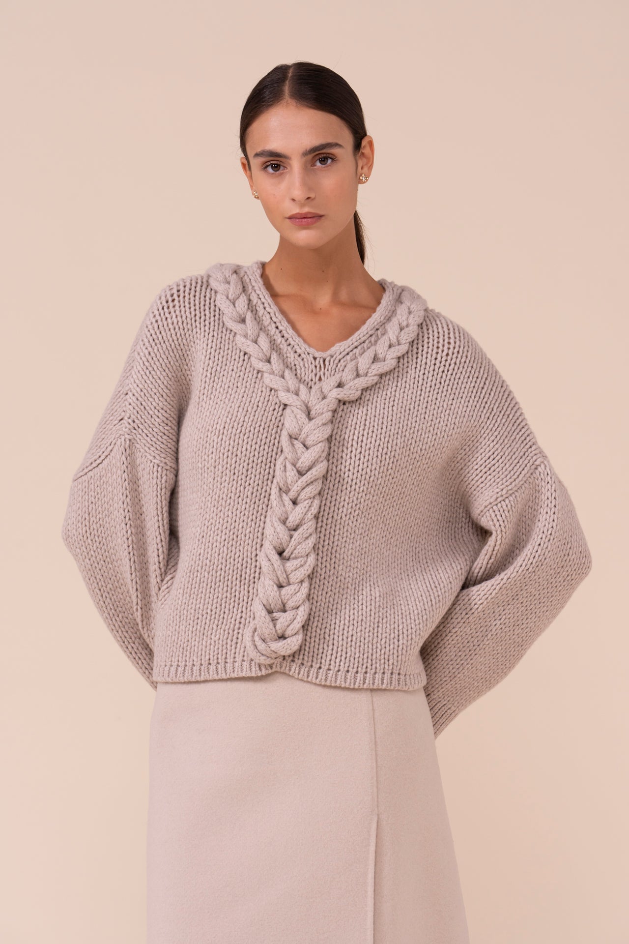Adria Biggie Wool and Cashmere Handmade V-Neck - DESERT