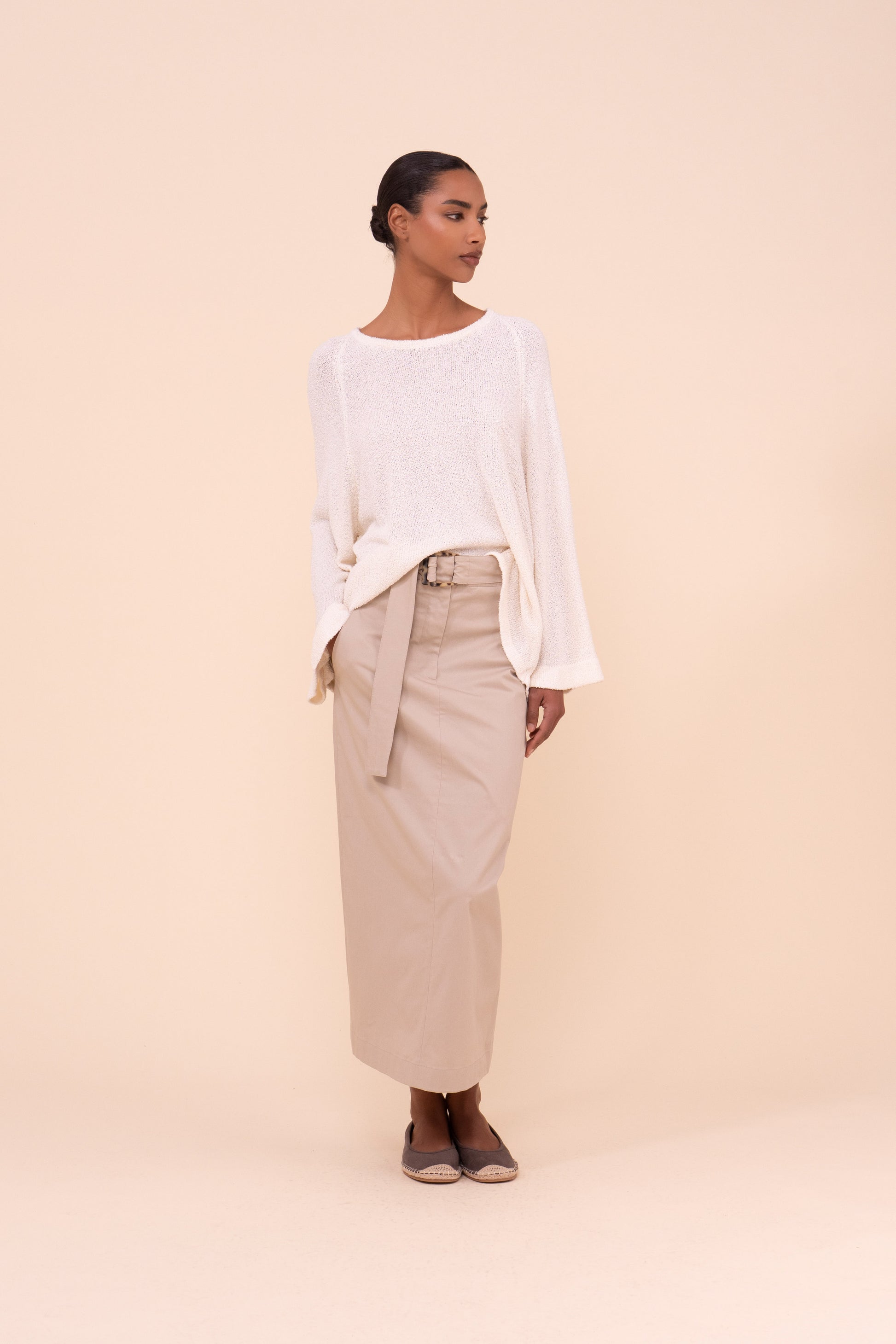 Andrea Cotton Gabardine Fitted Long Skirt - ALMOND