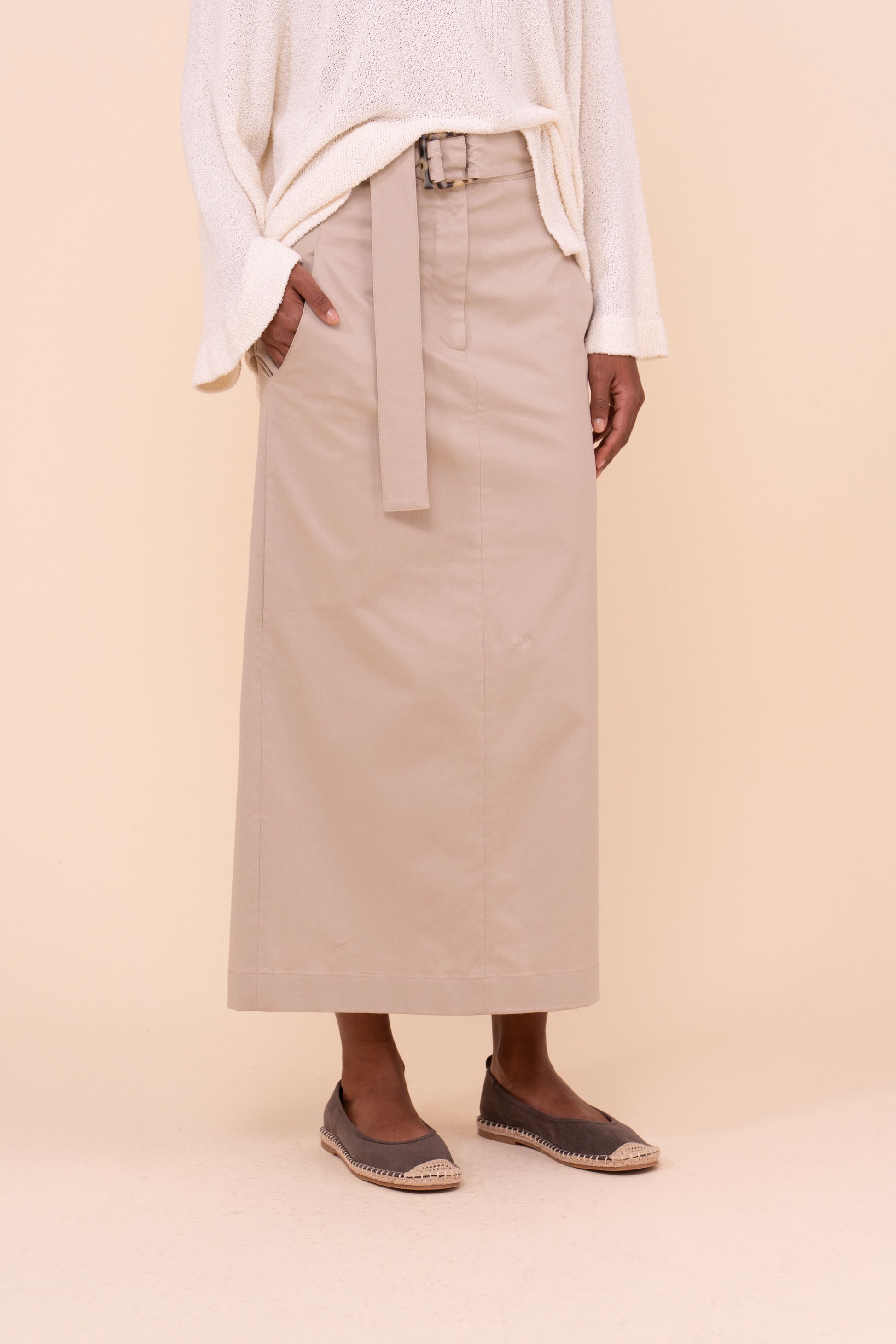 Andrea Cotton Gabardine Fitted Long Skirt - ALMOND