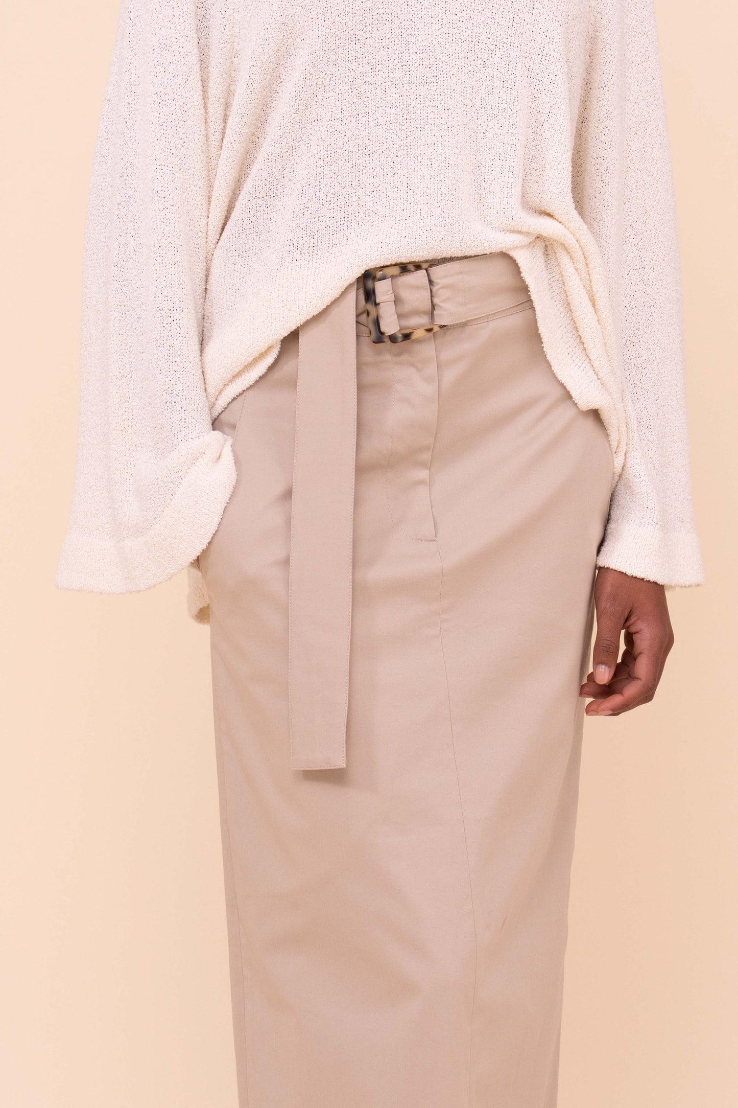 Andrea Cotton Gabardine Fitted Long Skirt - ALMOND