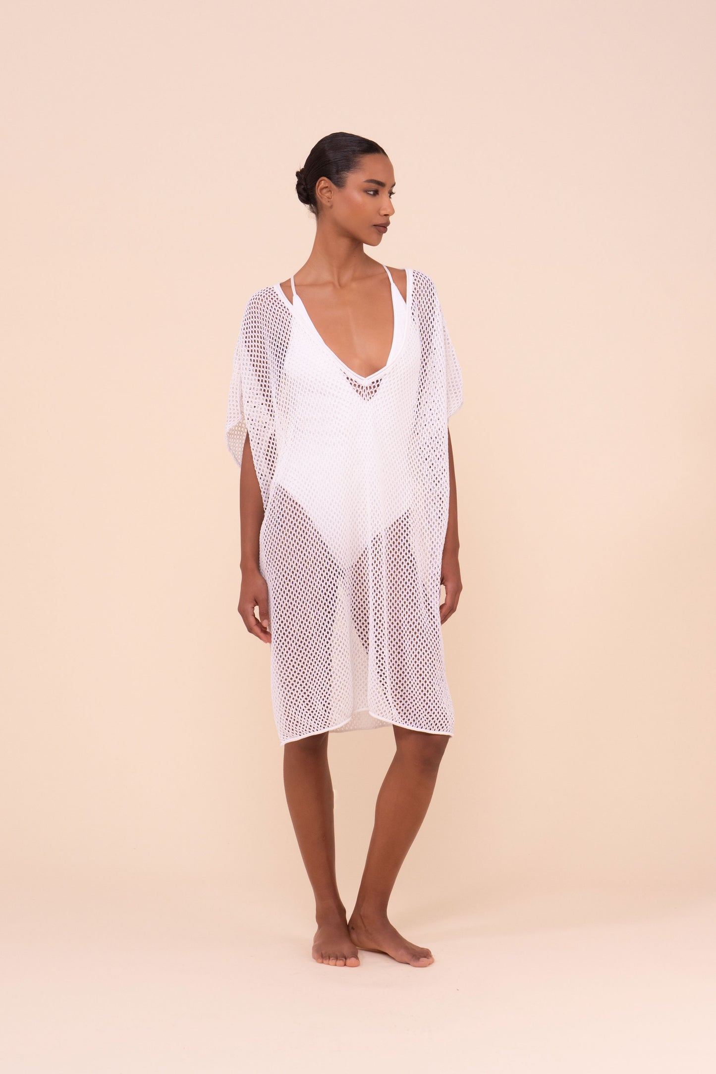 Cai caftano corto in maglia traforata - WHITE