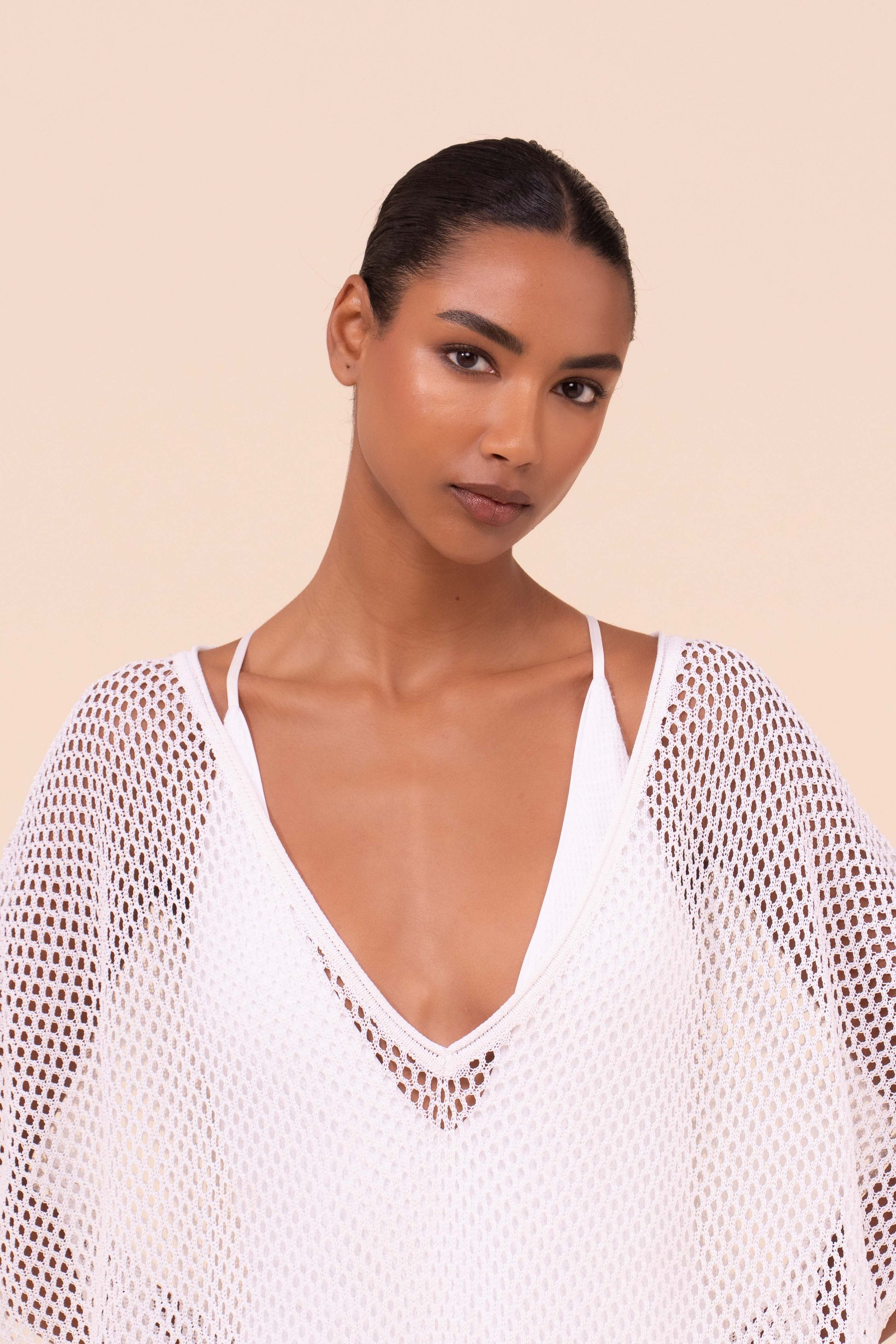 Cai caftano corto in maglia traforata - WHITE
