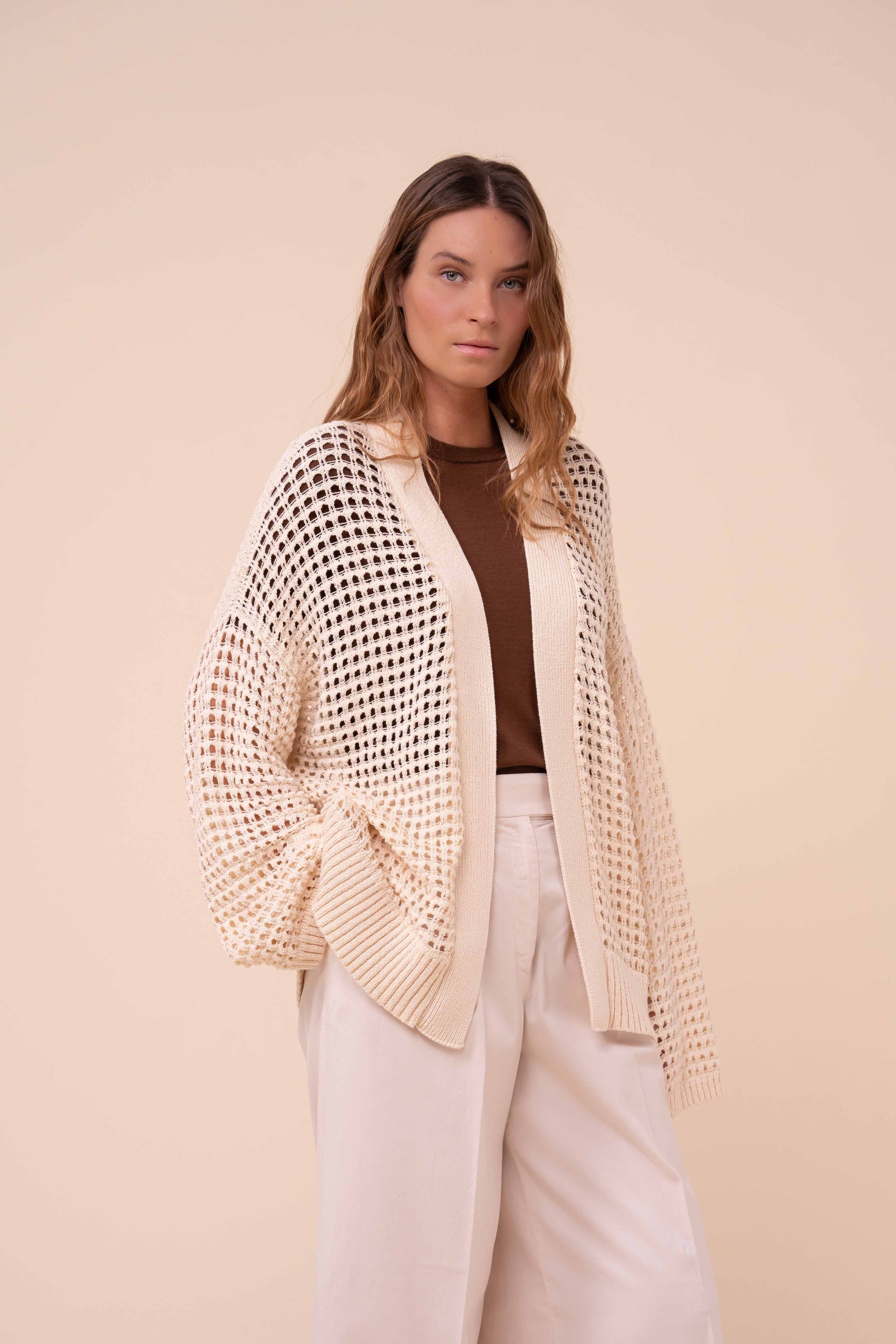 Munari Papiro cardigan a kimono in cotone traforato - CREAM