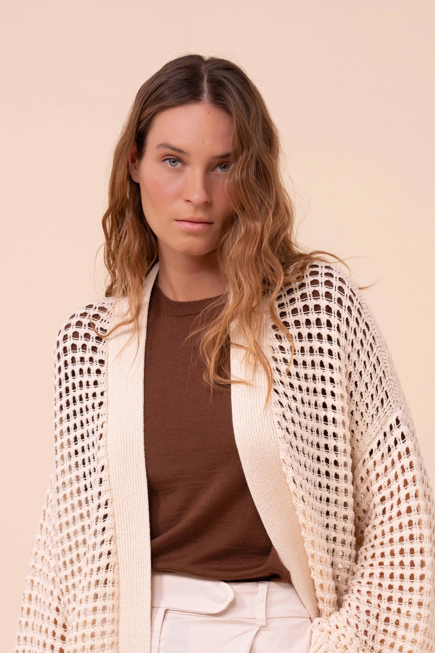 Munari Papiro cardigan a kimono in cotone traforato - CREAM