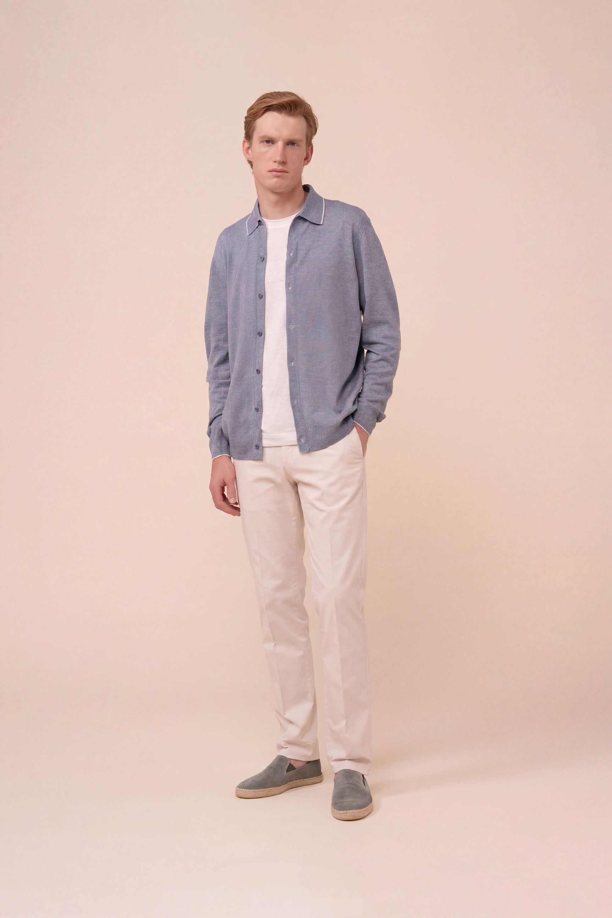 Cashmere and Linen Knit Shirt - BLUEWAVE