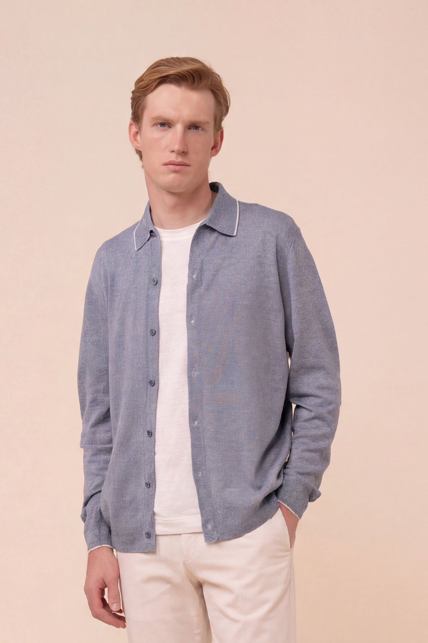 Cashmere and Linen Knit Shirt - BLUEWAVE