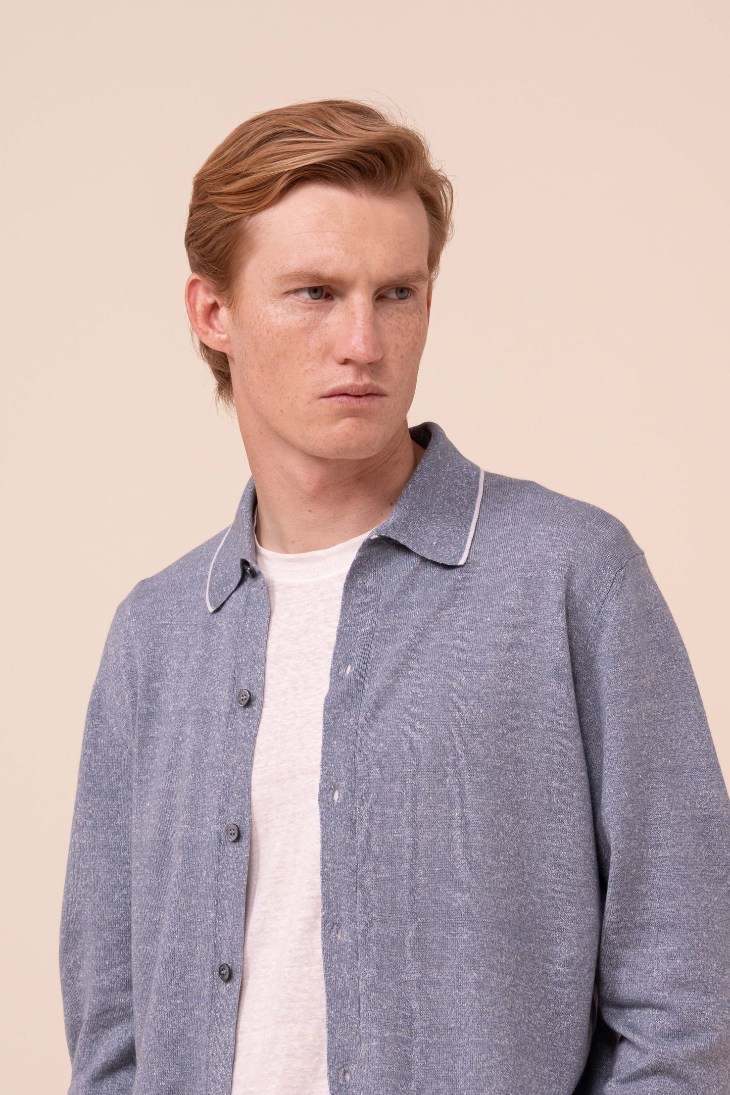 Cashmere and Linen Knit Shirt - BLUEWAVE