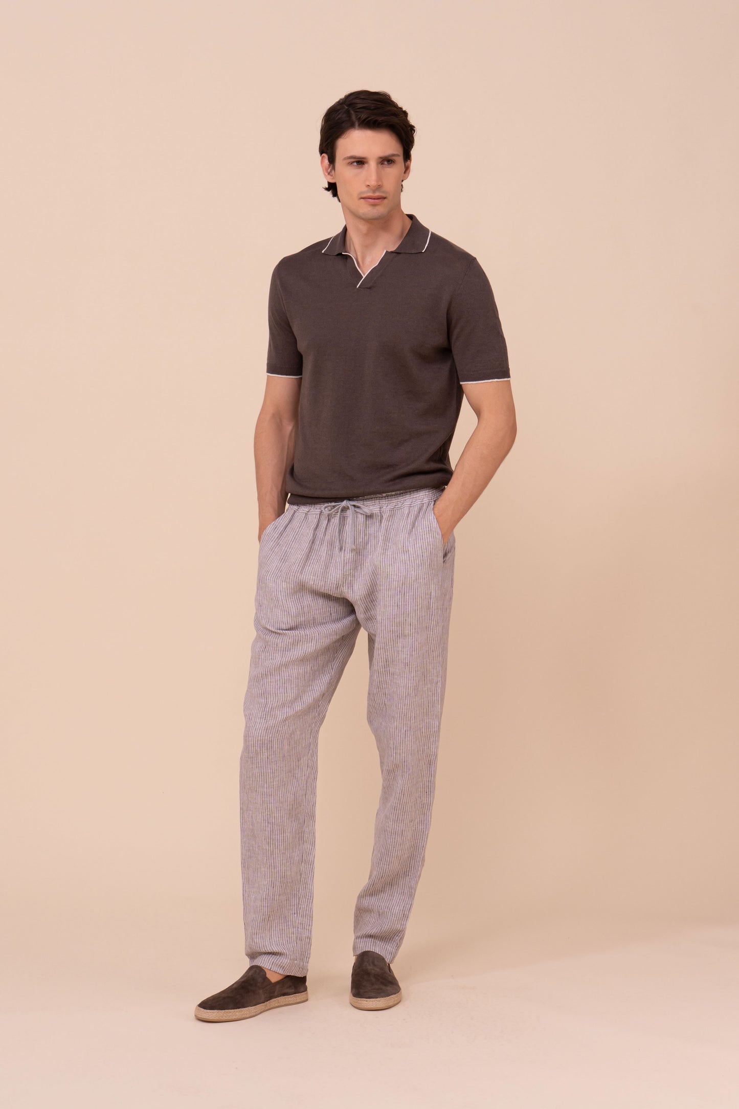 Delta Cotton and Linen V-Neck Knit Polo - DENIM