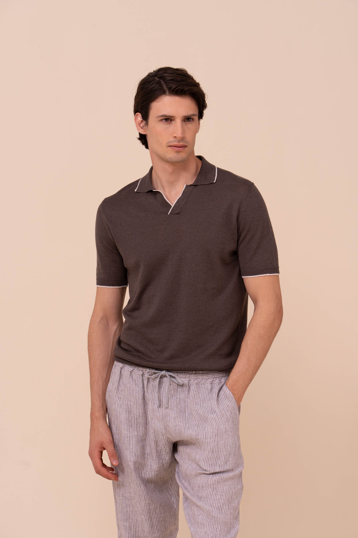 Delta Cotton and Linen V-Neck Knit Polo - DENIM