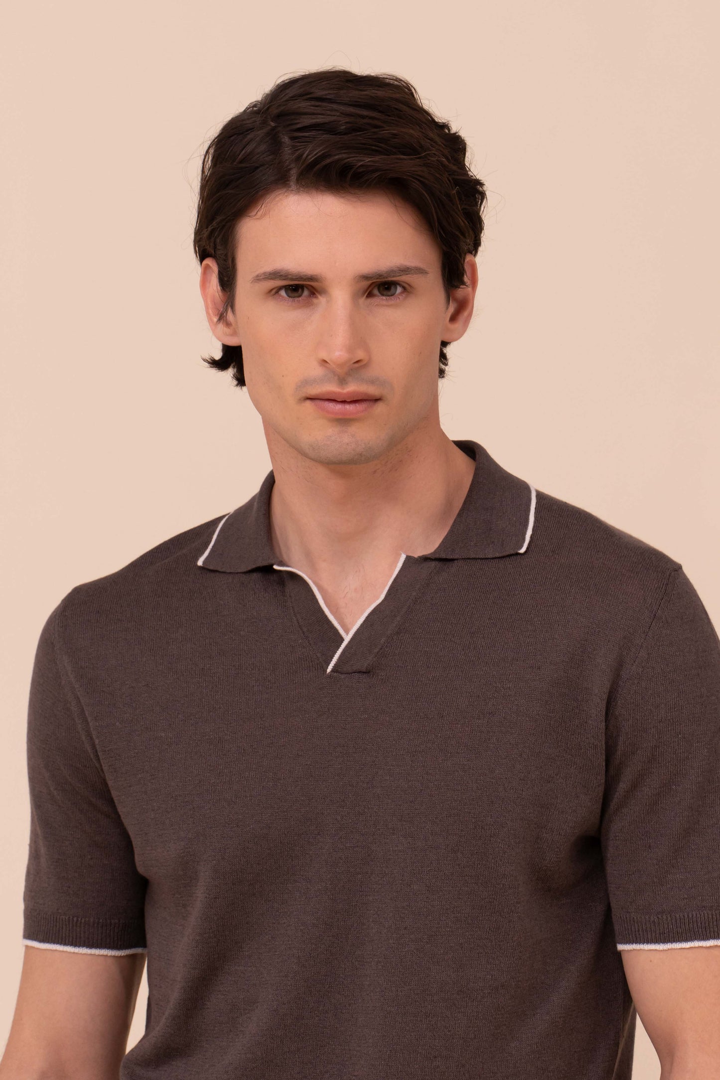 Delta Cotton and Linen V-Neck Knit Polo - DENIM