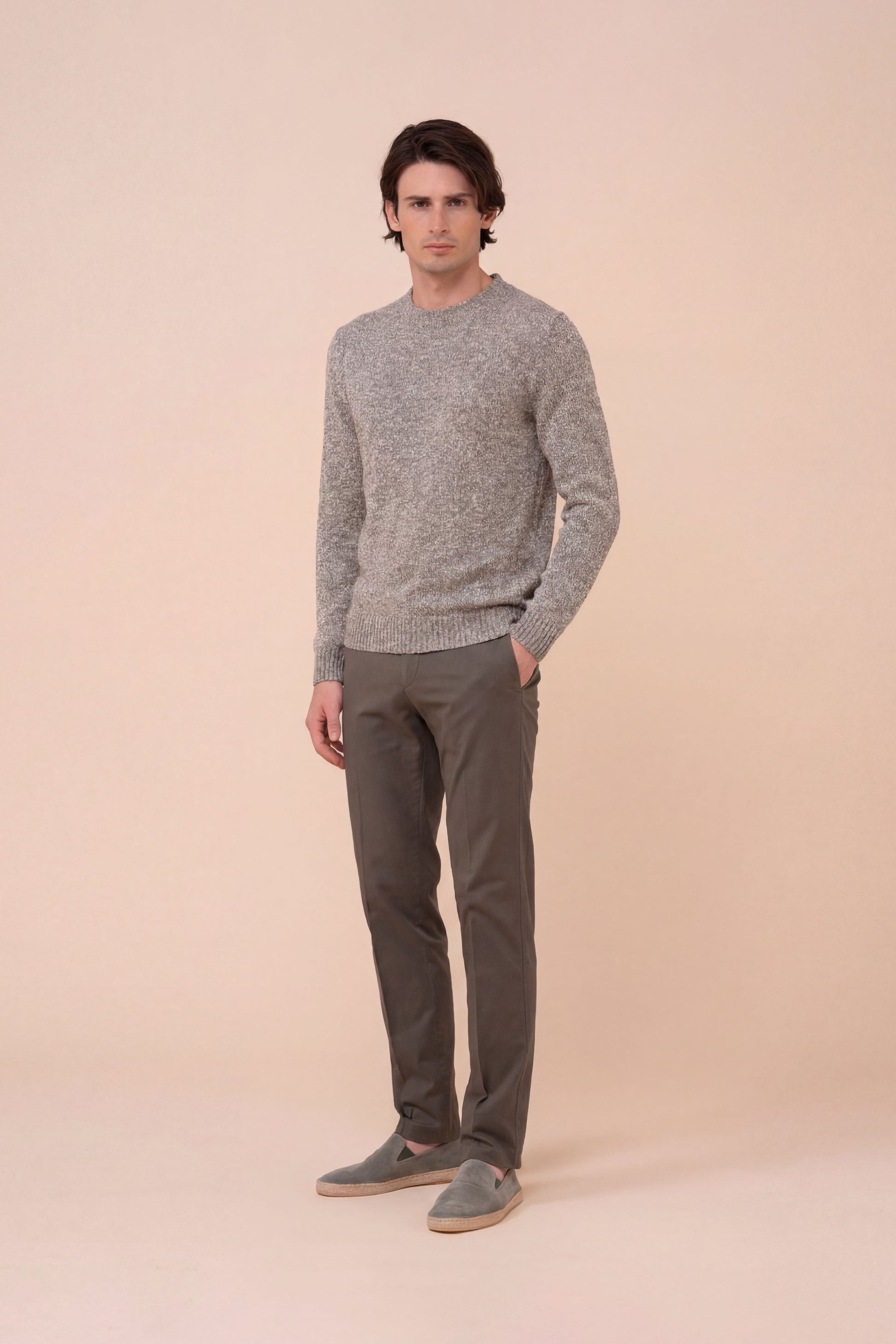 Argentina Linen Cotton and Silk Crewneck - OLIVEGREENMELANGE