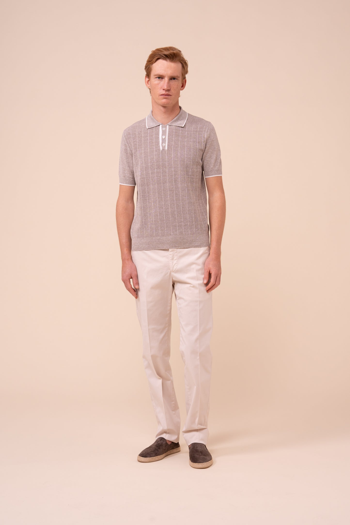 Dodo Cotton and Linen Ribbed Polo - GREIGE