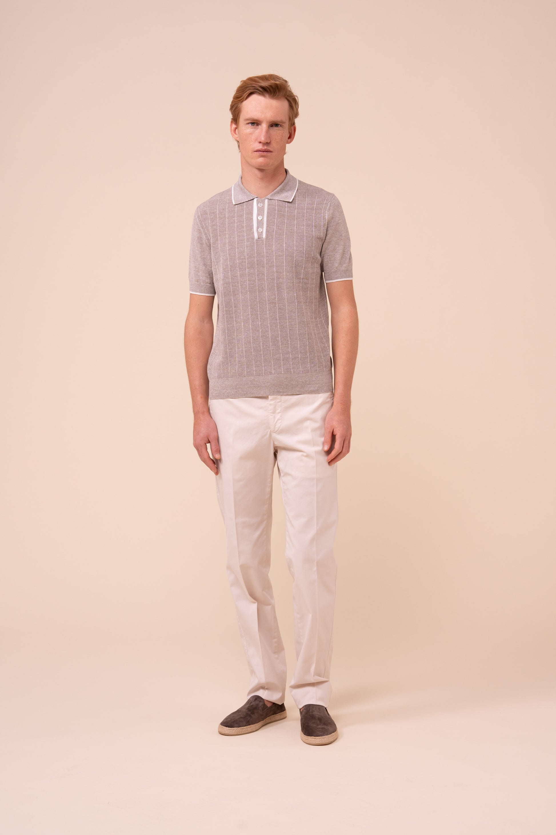 Dodo Cotton and Linen Ribbed Polo - GREIGE