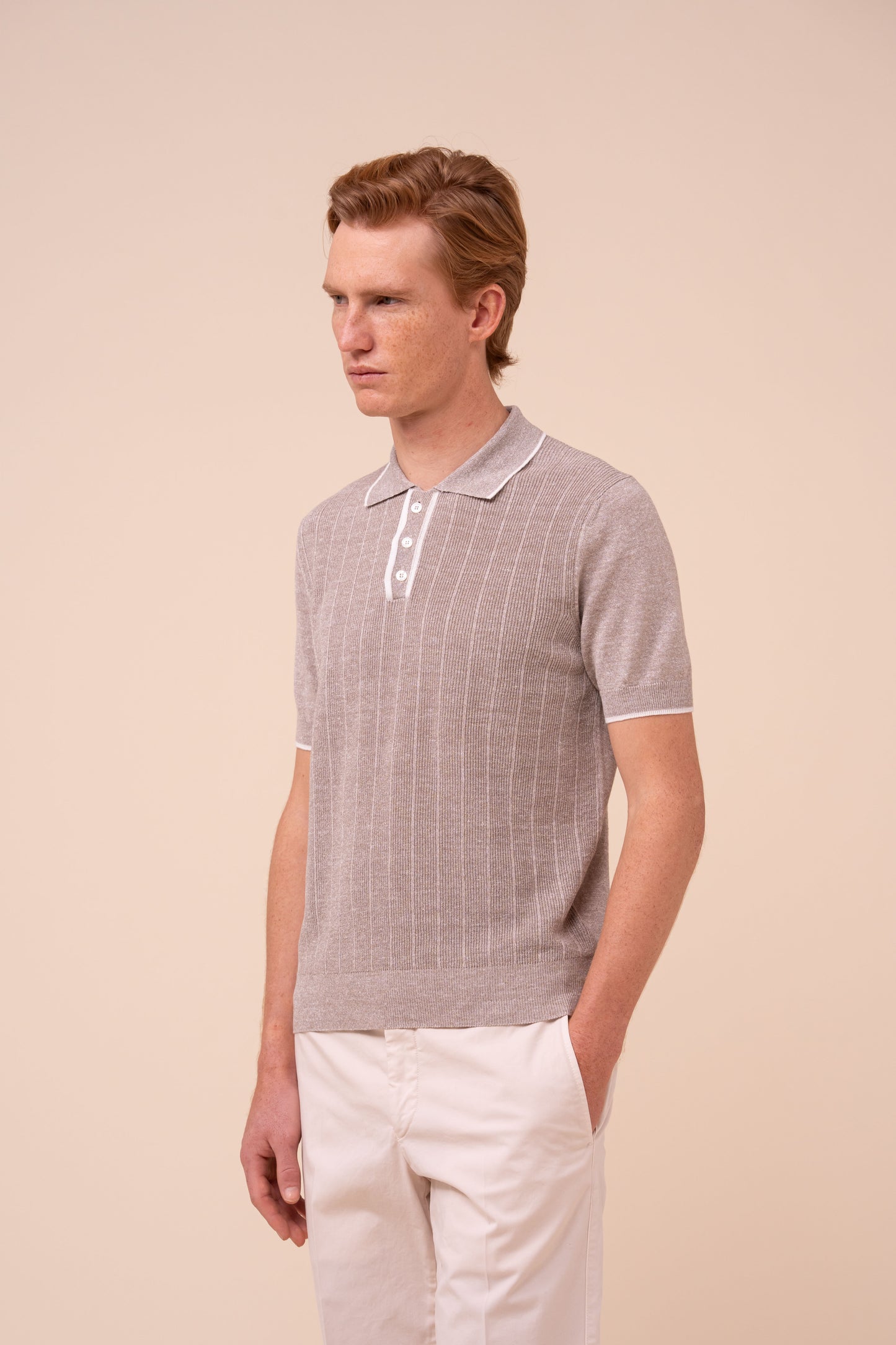 Dodo Cotton and Linen Ribbed Polo - GREIGE