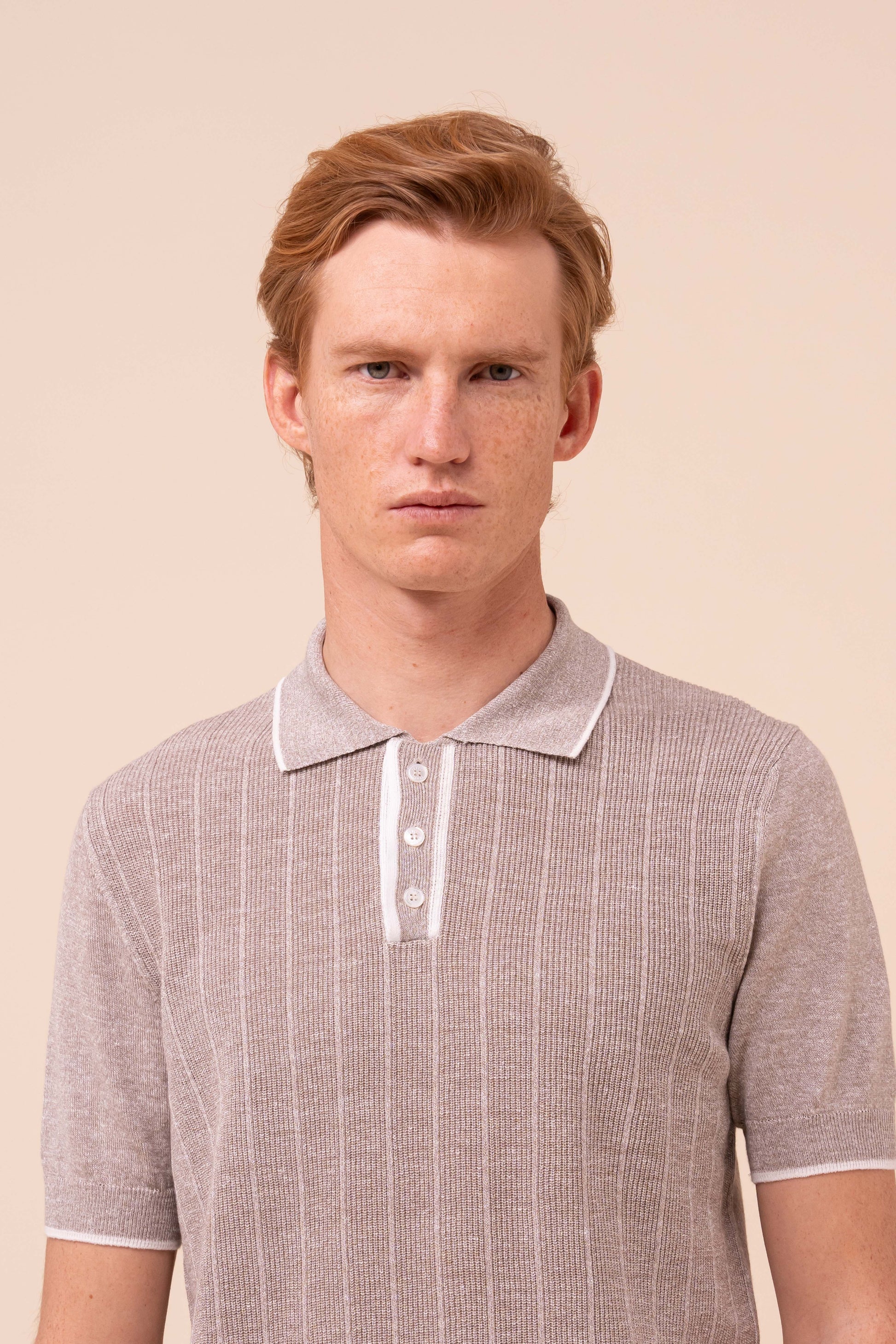 Dodo Cotton and Linen Ribbed Polo - GREIGE