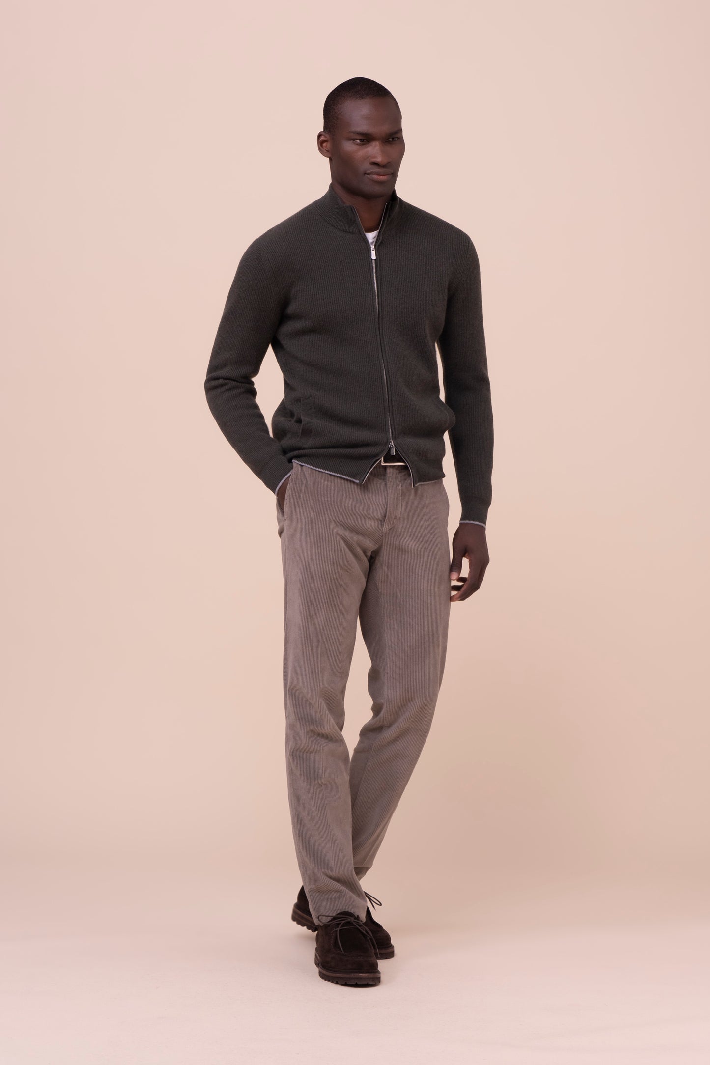 One maglia full zip in cashmere - bicolor - DARKOLIVEGREEN