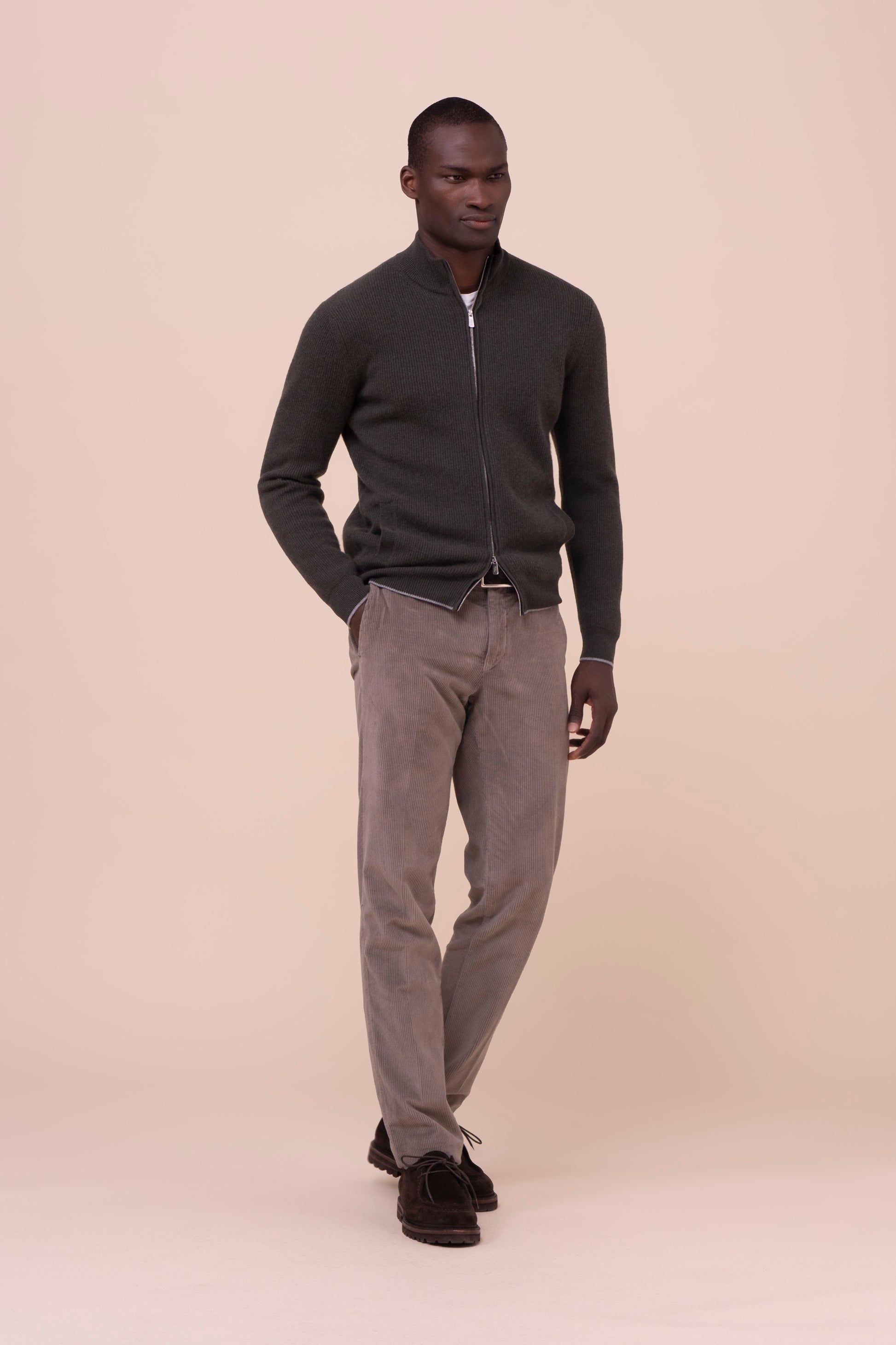 One maglia full zip in cashmere - bicolor - DARKOLIVEGREEN