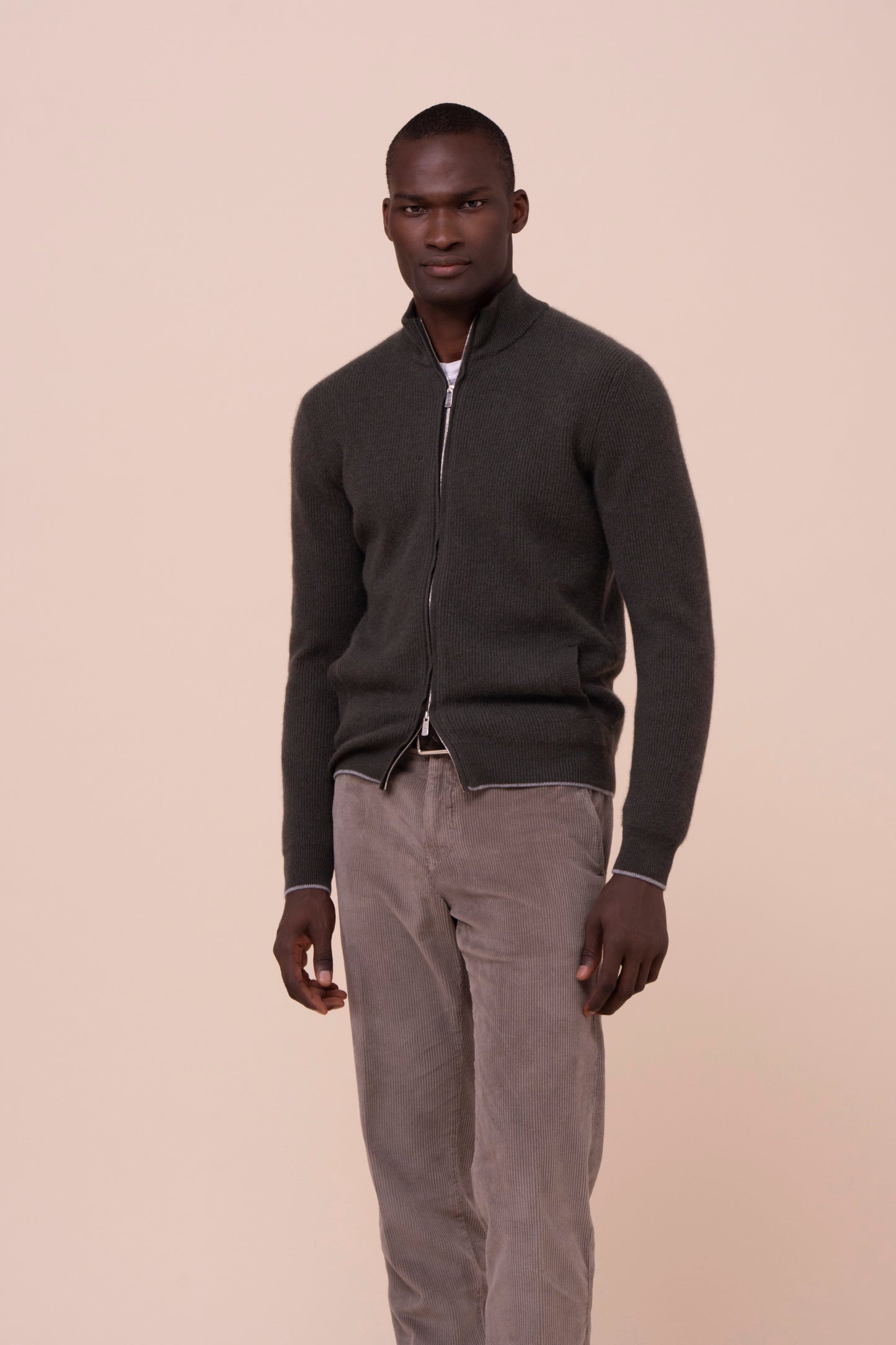 One maglia full zip in cashmere - bicolor - DARKOLIVEGREEN