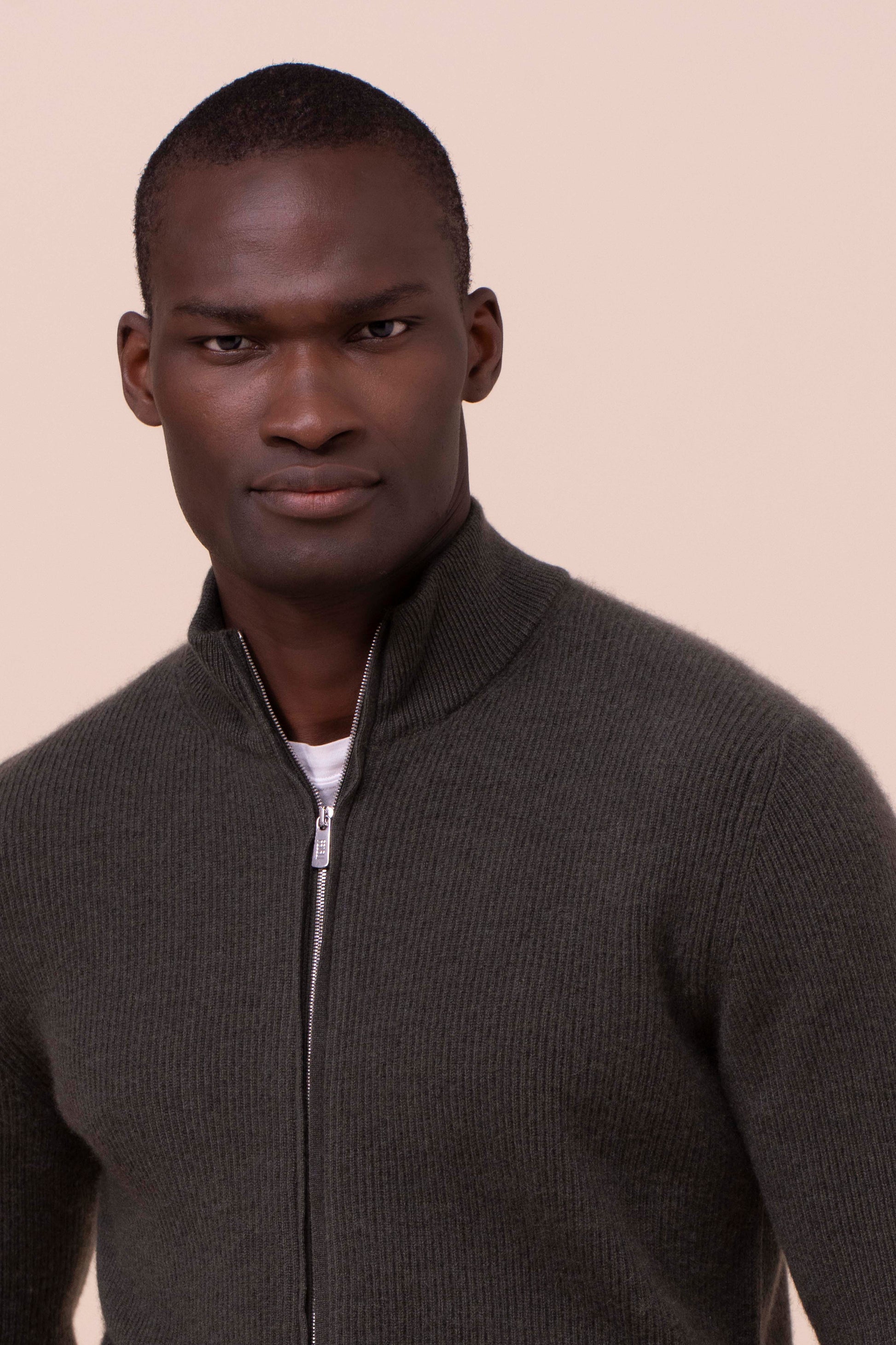 One maglia full zip in cashmere - bicolor - DARKOLIVEGREEN