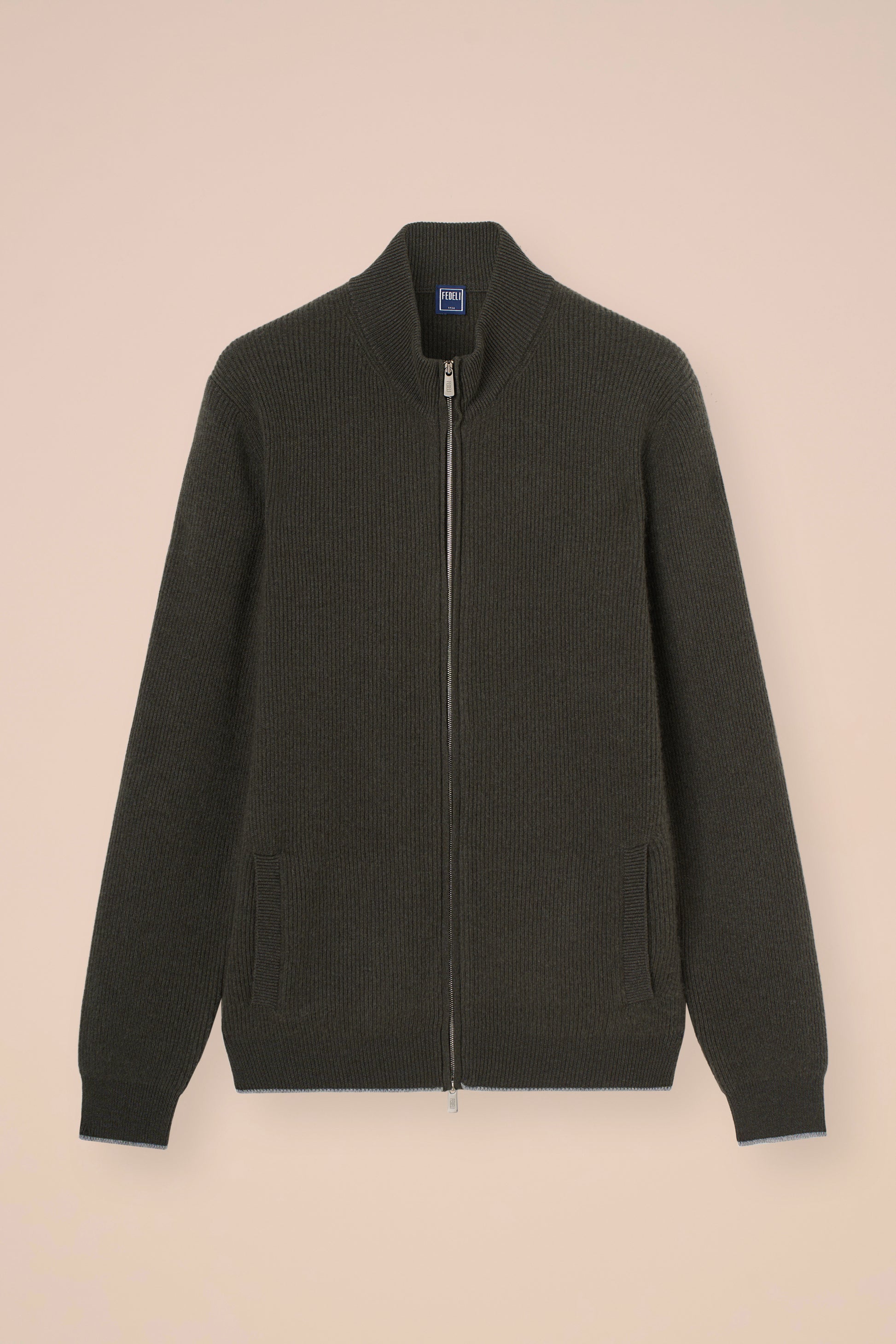 One maglia full zip in cashmere - bicolor - DARKOLIVEGREEN
