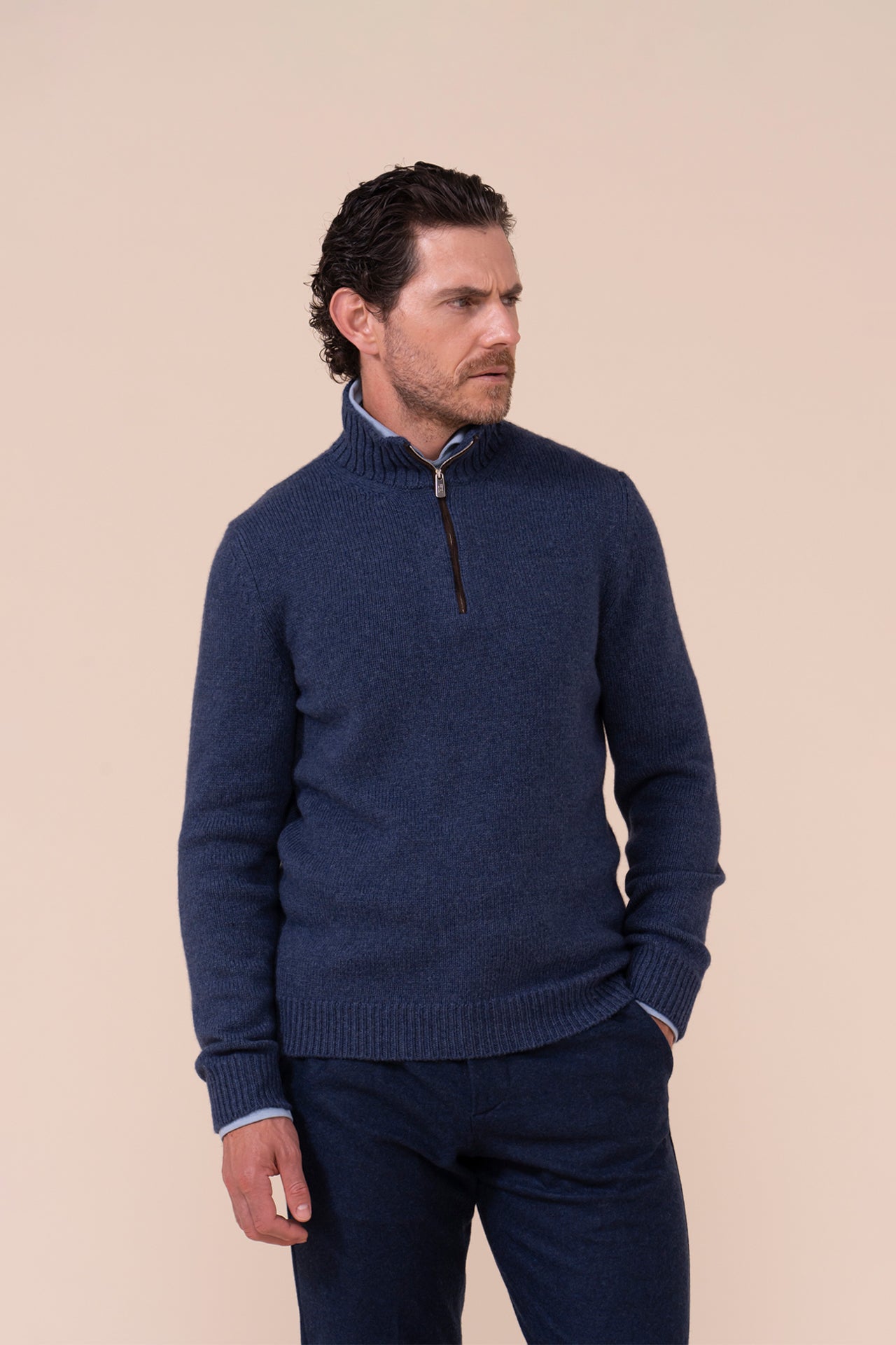 Eco Cashmere Twist Half-zip Sweater with Suede Details - DENIM