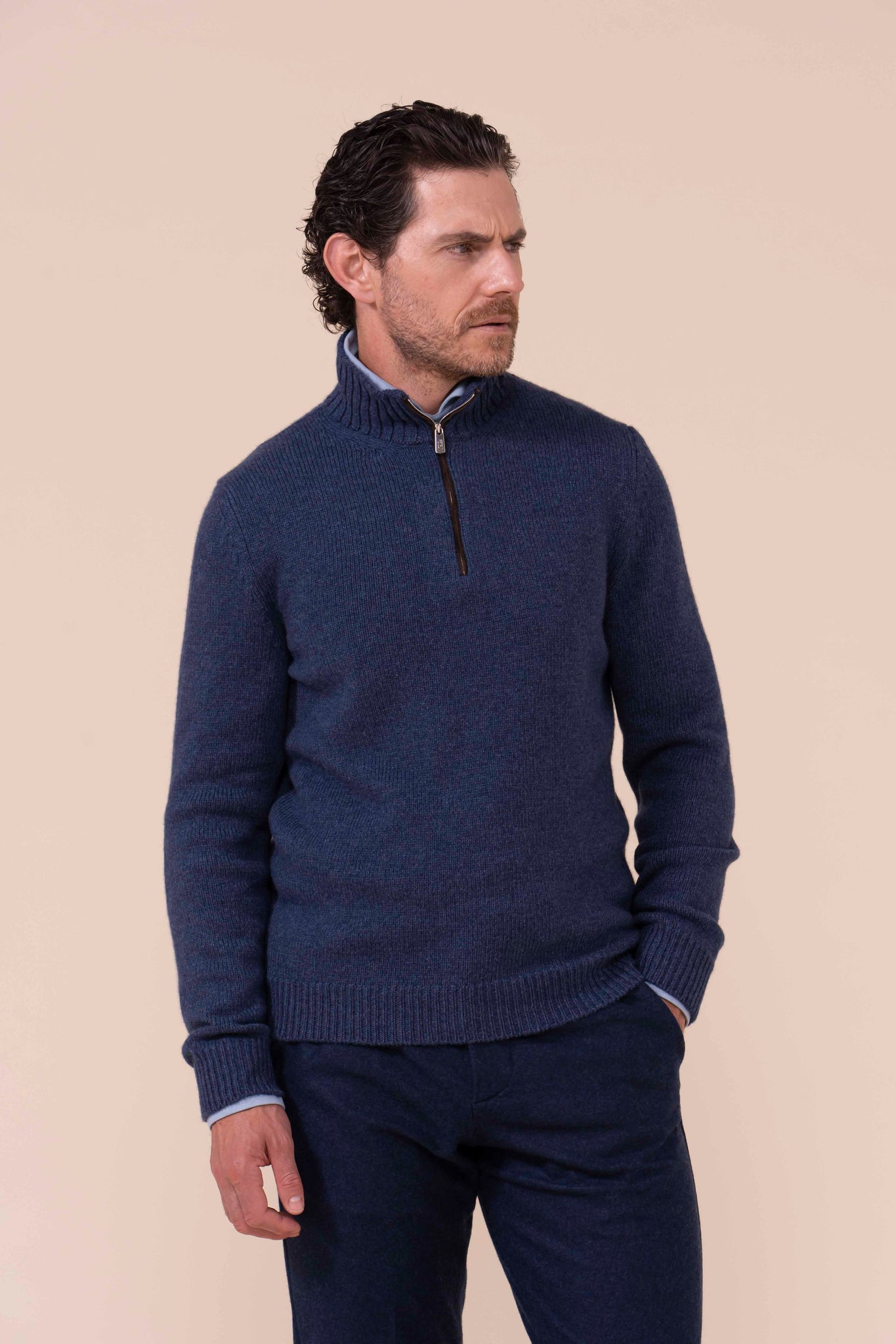 Eco twist maglia a mezza zip in cashmere con dettagli in suede - DENIM