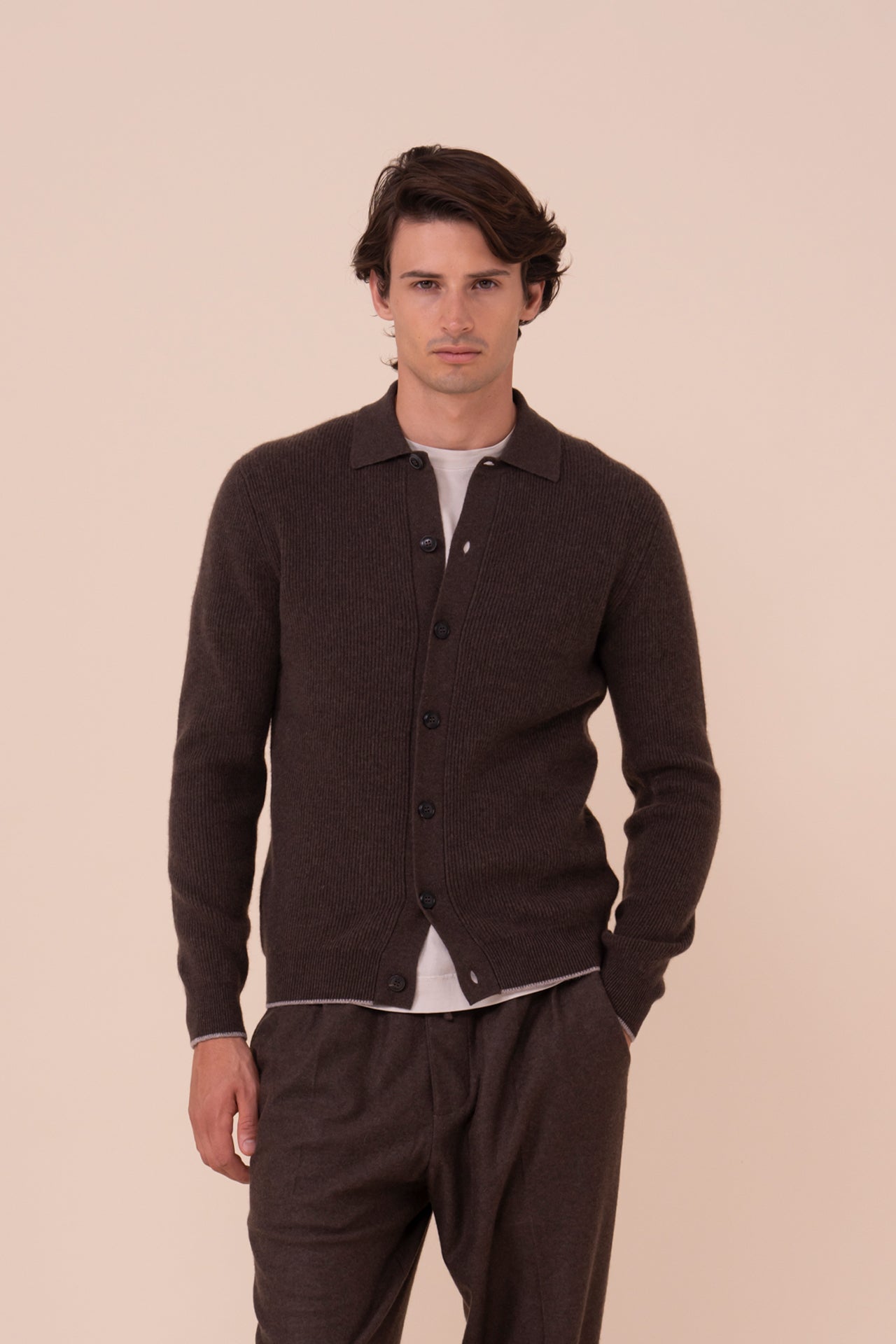 One Cashmere Knit Shirt - Bicolor - COFFEE
