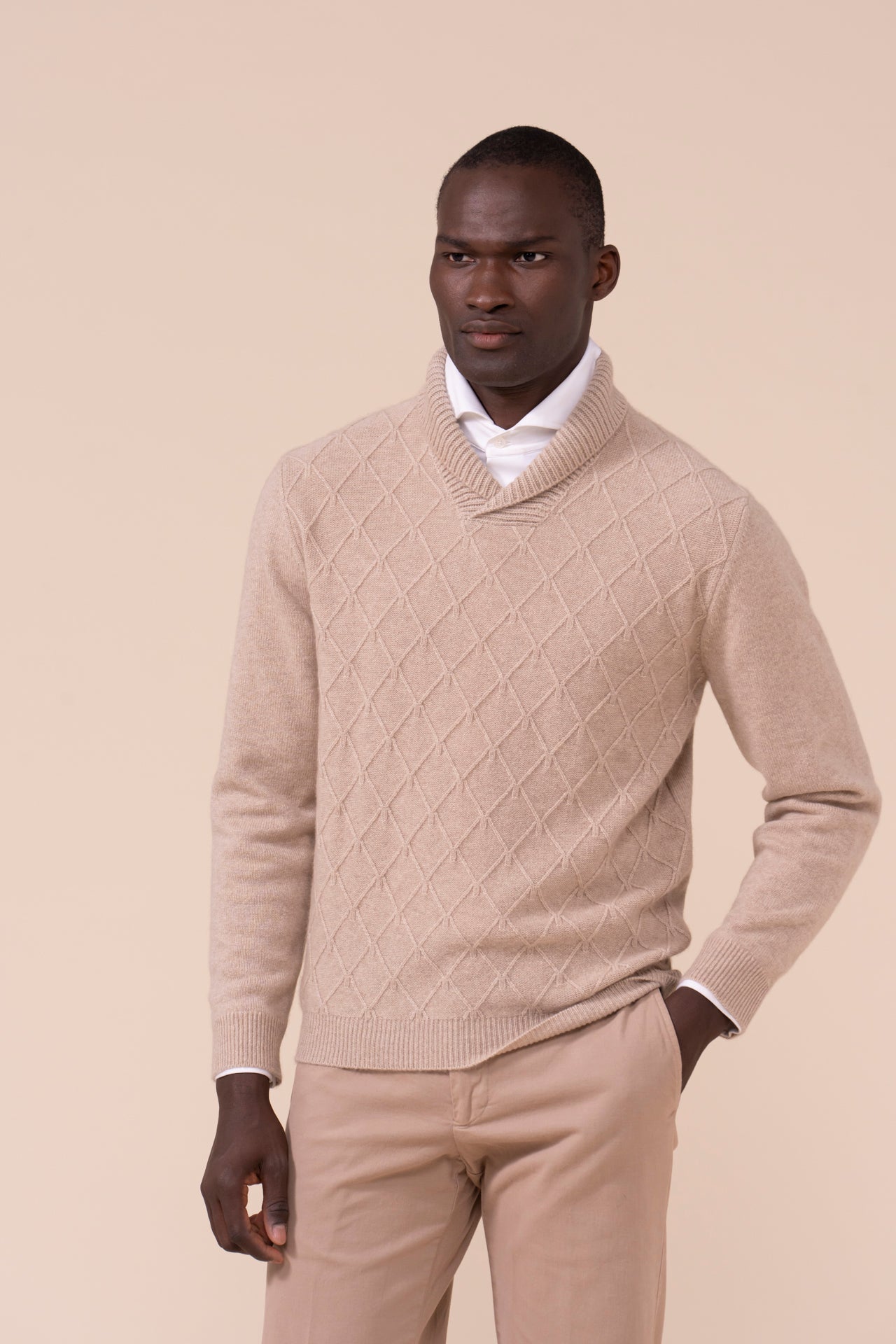 Cross Cashmere Shawl Neck Sweater - ALMOND